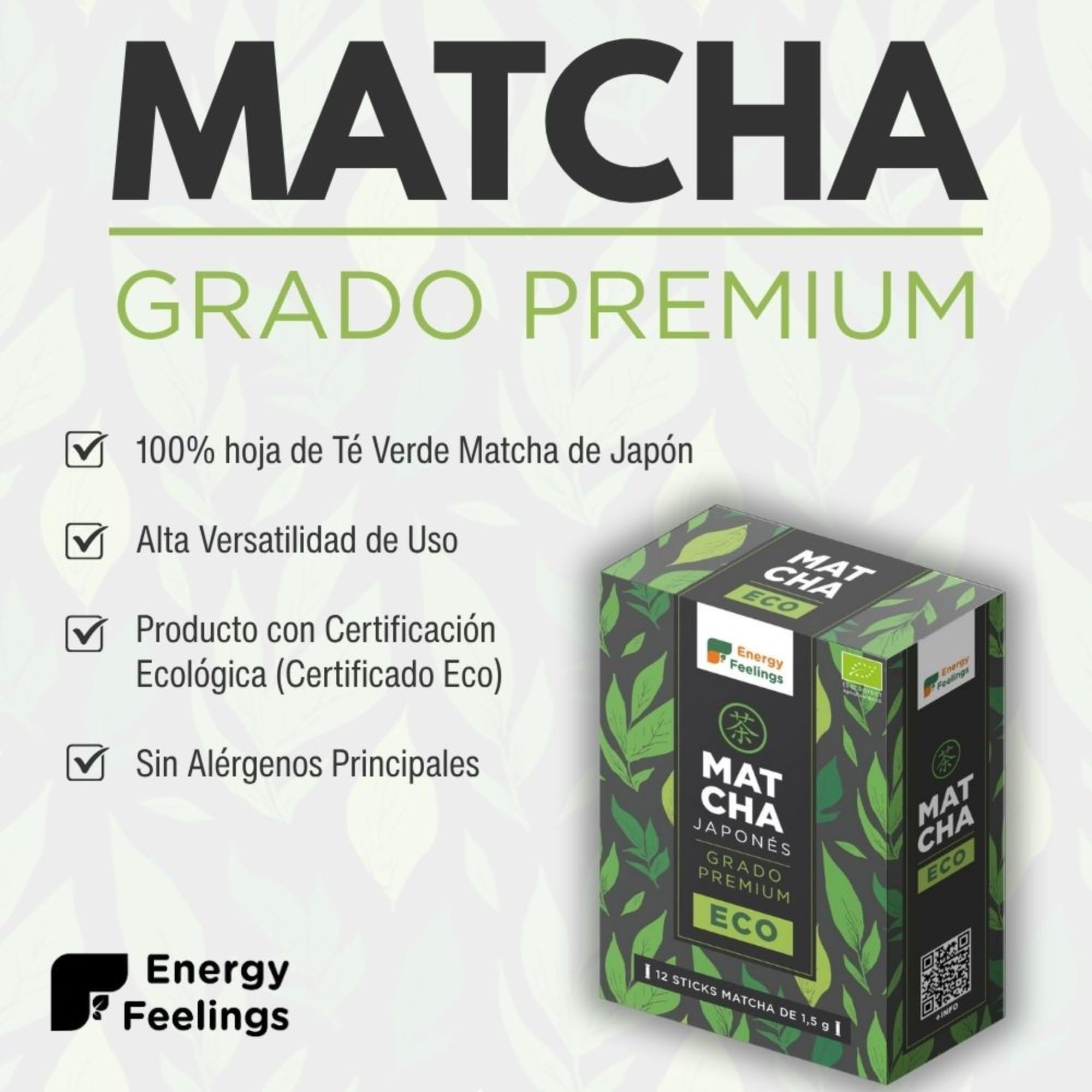 Energy Feelings Té Matcha en Polvo Premium, Pack 36 Sticks Té Verde Matcha Japonés Orgánico Puro, Rico en Antioxidantes Naturales, Green Tea Powder, Ideal para Latte, Vegano, Sin Gluten, Sin Lactosa