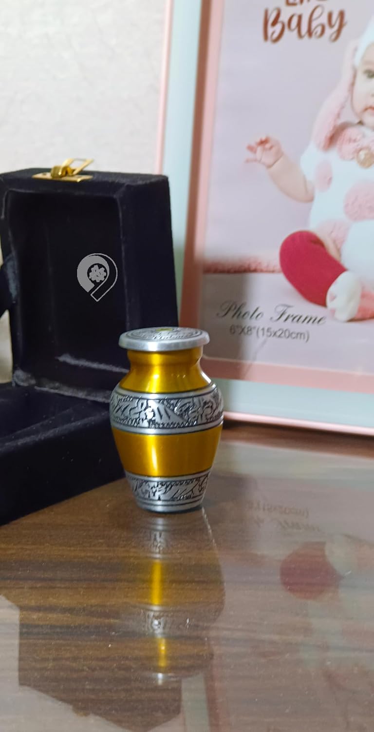 Yellow & Silver Keepsake Urn - Small Urn for Human Ashes with Box - Mini Urn for Ashes - Perfect Memorial Urn - Honor Your Loved One with Small Cremation Urn - Urn for Male, Female & Baby