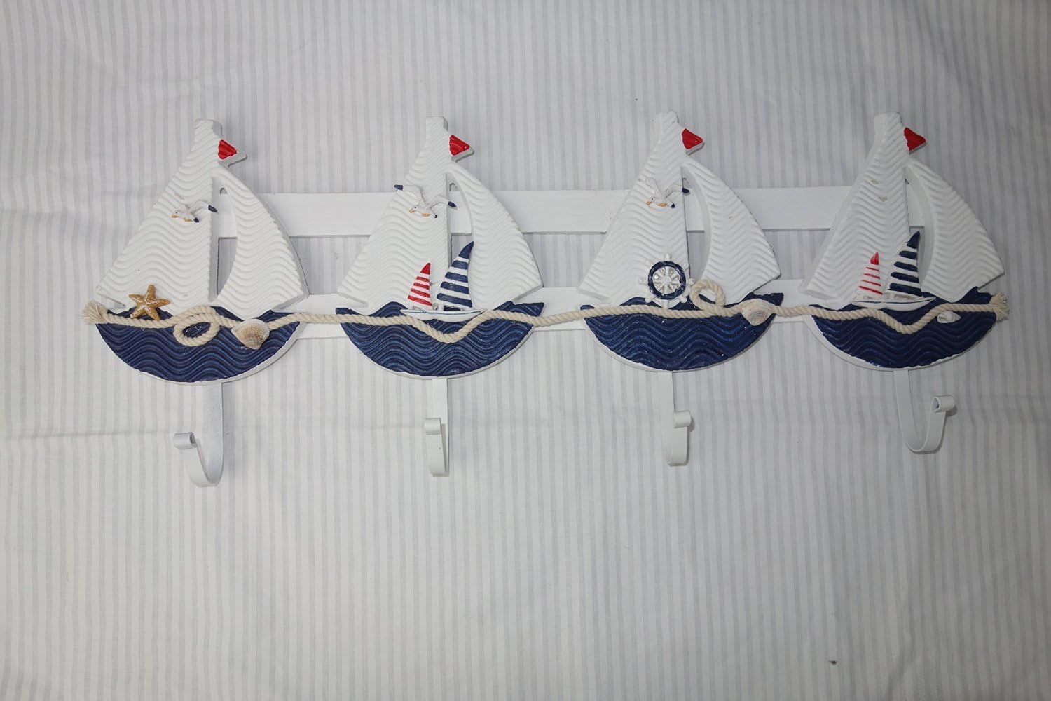 Nautical Wooden Wall/door Mounted 4 Hook Rack, Shabby Chic, Blue & White in Color