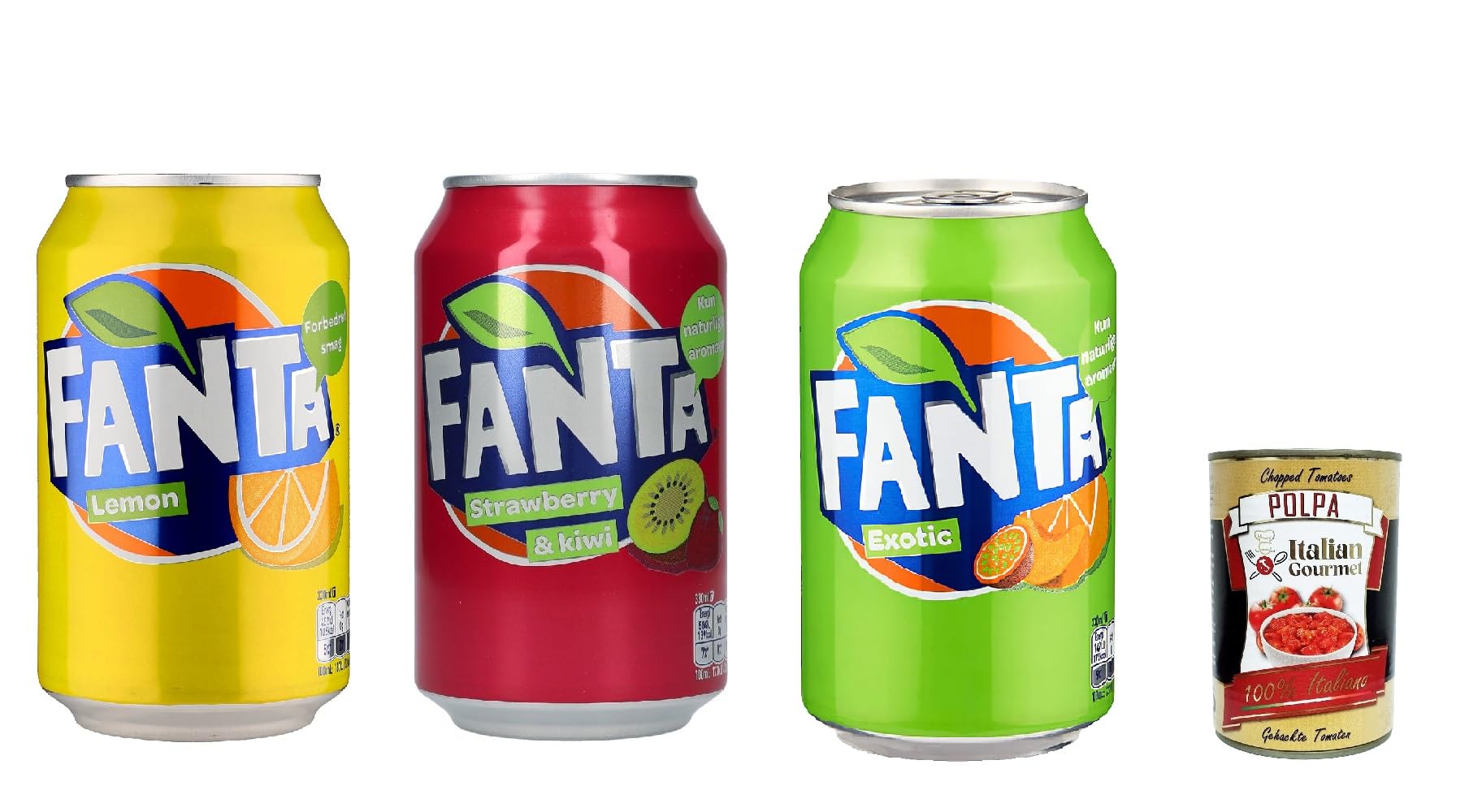 Italian Gourmet Fanta bevanda Lemon Fragola Kiwi Exotic 72 x 330ml Dosen | Erfrischungsgetränke sortiert, bibita frizzante in lattina, fruchtige, Gesamtnettogewicht 23,76 L + Kostenlos Polpa 400g