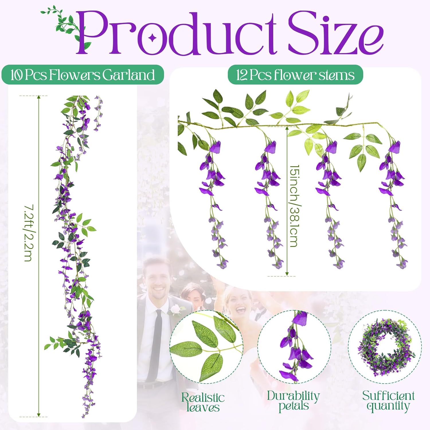 Crowye 10 Pcs 7.2ft/pcs Artificial Flowers Wisteria Garland Artificial Wisteria Vine Hanging Flower Decorations Flower Vines for Outdoor Wedding Wall Arch Party Backdrop Floral Decor (Purple)