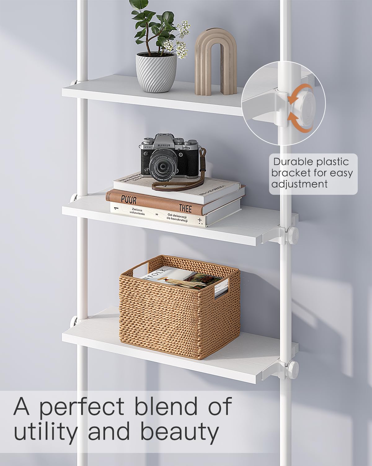 ALLZONE Libreria stretta a 5 livelli, scaffale alto regolabile con contenitore aperto, supporto a tensione dal pavimento al soffitto, libreria industriale in legno per soggiorno, da 233 a 300 cm