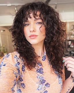 23 Inch Brown Curly Wig with Bangs WIG006 Long Vintage Hairstyle with Curly Fringe Synthetic Wig for Women Daily Use Party-Brown