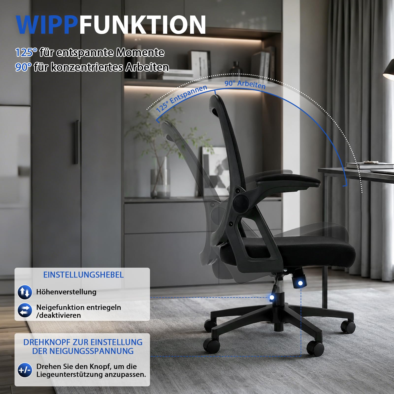 Ergonomischer Bürostuhl mit Mesh Rückenlehne, klappbaren Armlehnen und Wippfunktion, Schreibtischstuhl mit atmungsaktivem Netzgewebe, Drehstuhl für Homeoffice und Büro, Schwarz
