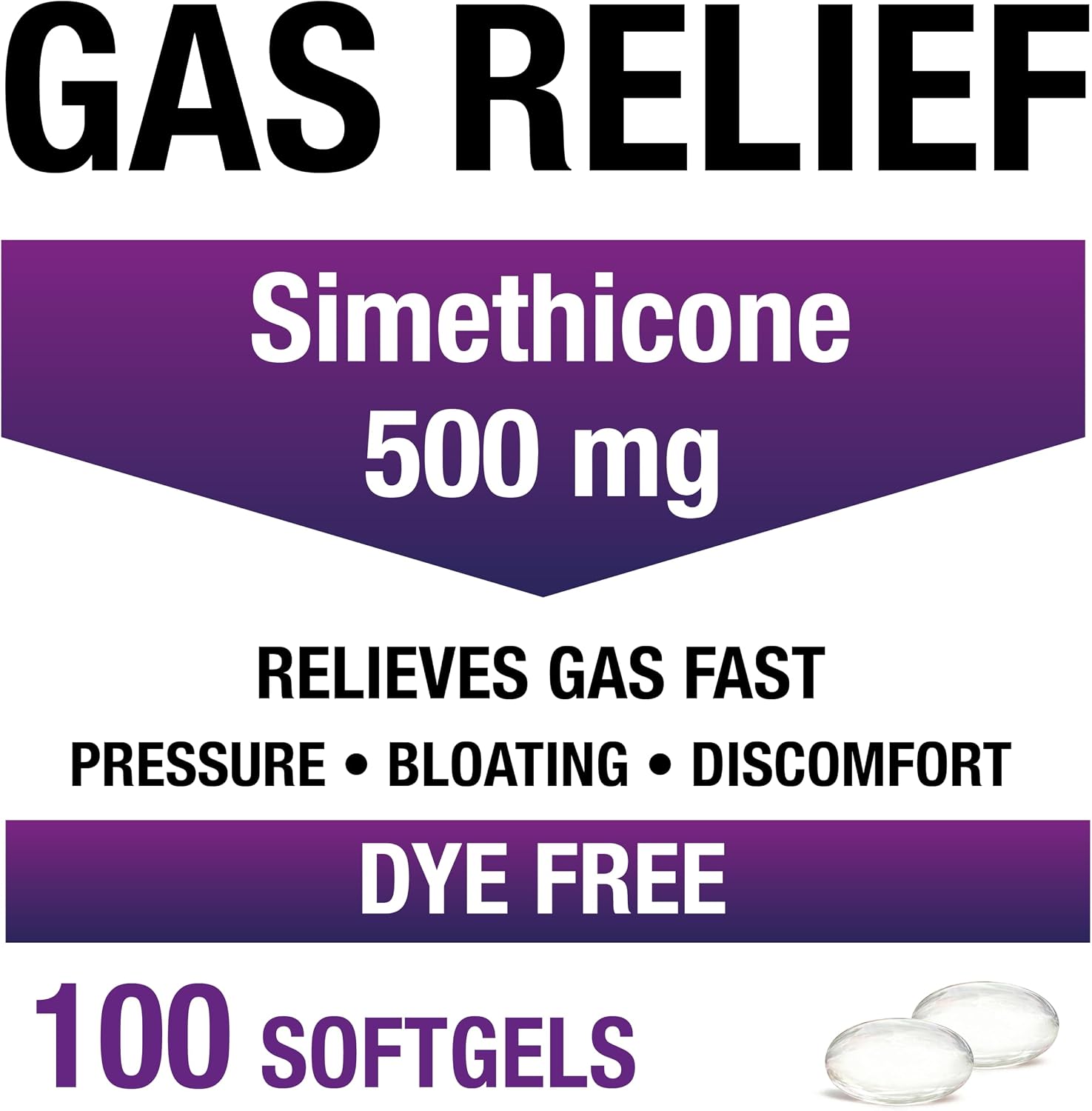 Puregen Labs Gas Relief Softgels with Simethicone 500 mg, Dye Free Formula, Fast Relief from Gas, Bloating & Pressure - 100 Softgels
