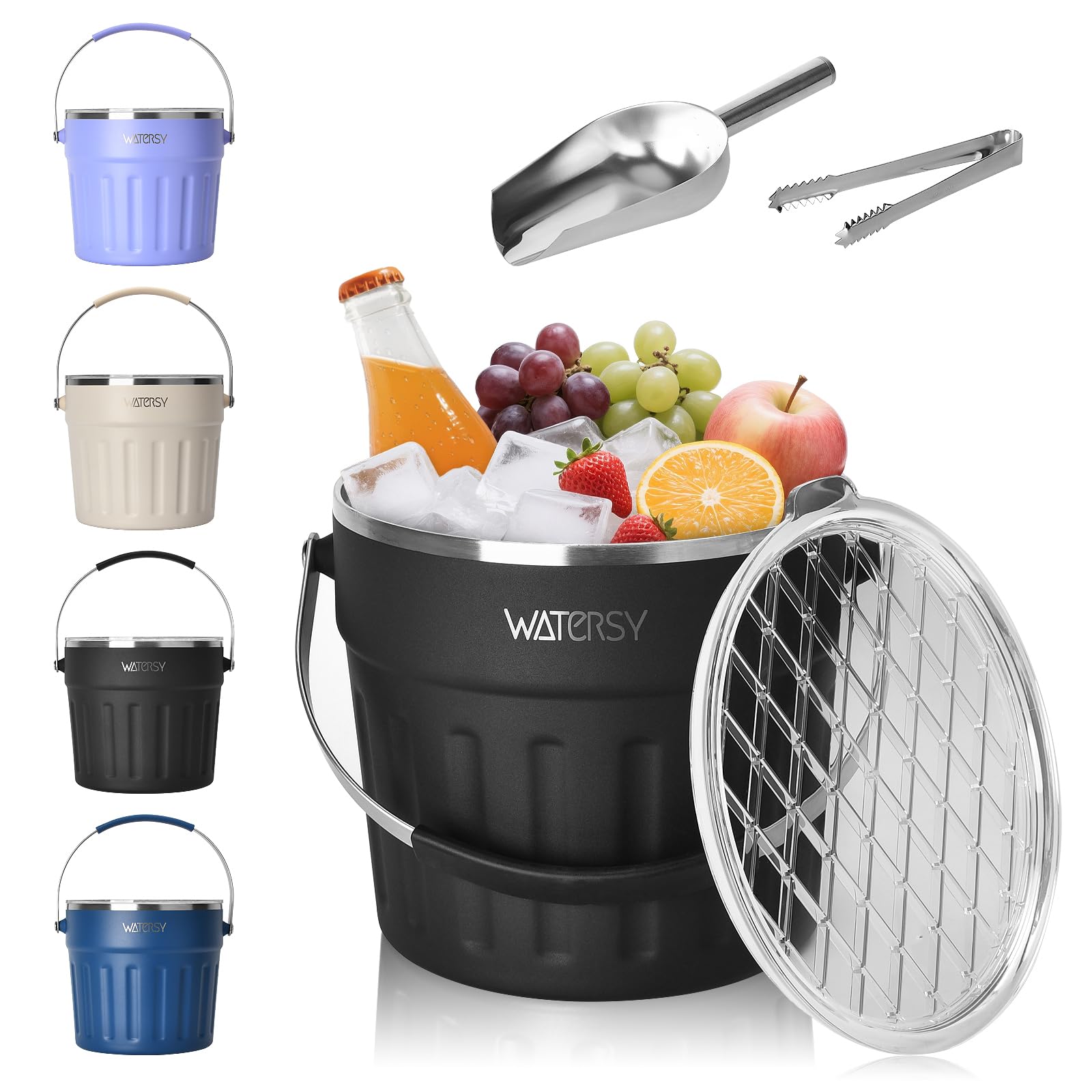 WATERSY 7,6L Eiswürfelbehälter mit Deckel, Edelstahl Eisbehälter mit Portable Tragegriff Eiszange, Schaufel, Doppelwandig Eiskübel Ideal für Partys Bier Cocktailbars, Schwarz