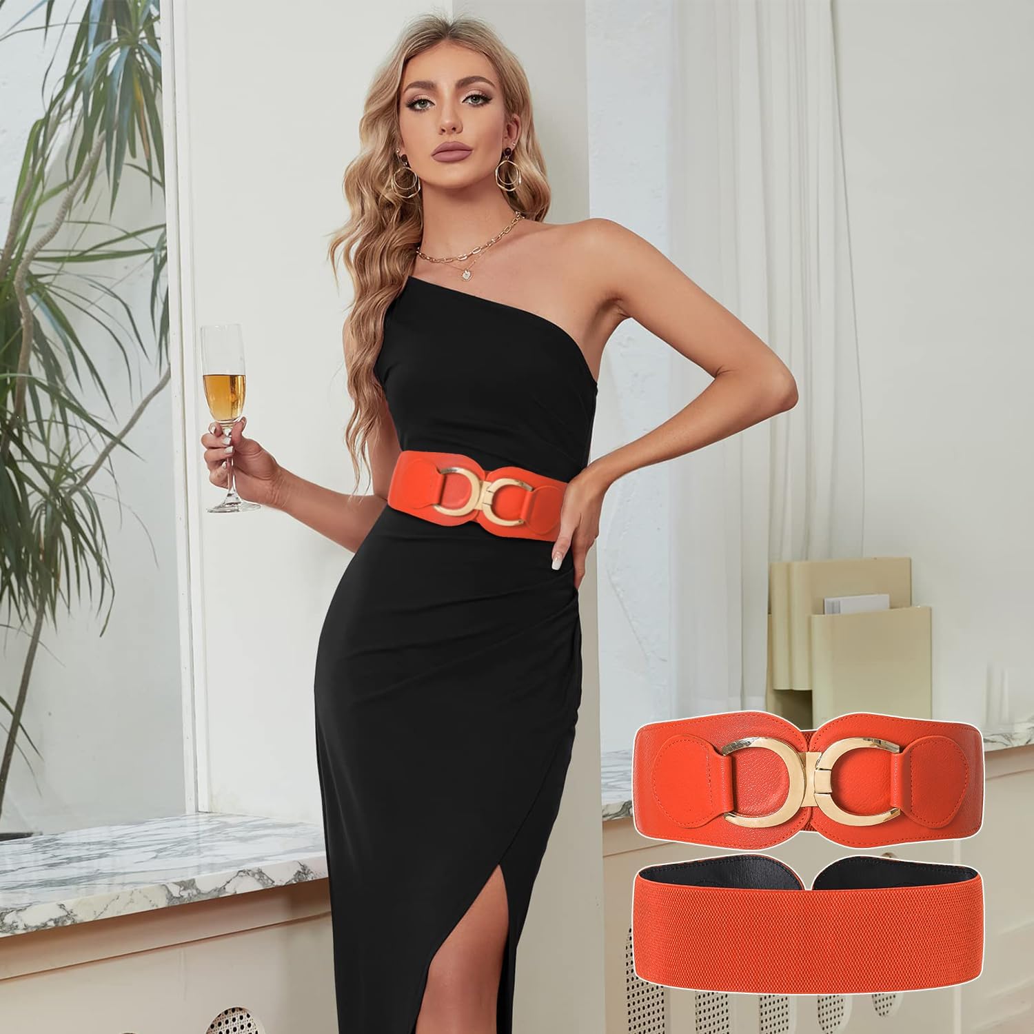 Women Stretchy Wide Belt Gold Buckle Elastic Vintage Waist Belts for Dresses Coats - Image 3