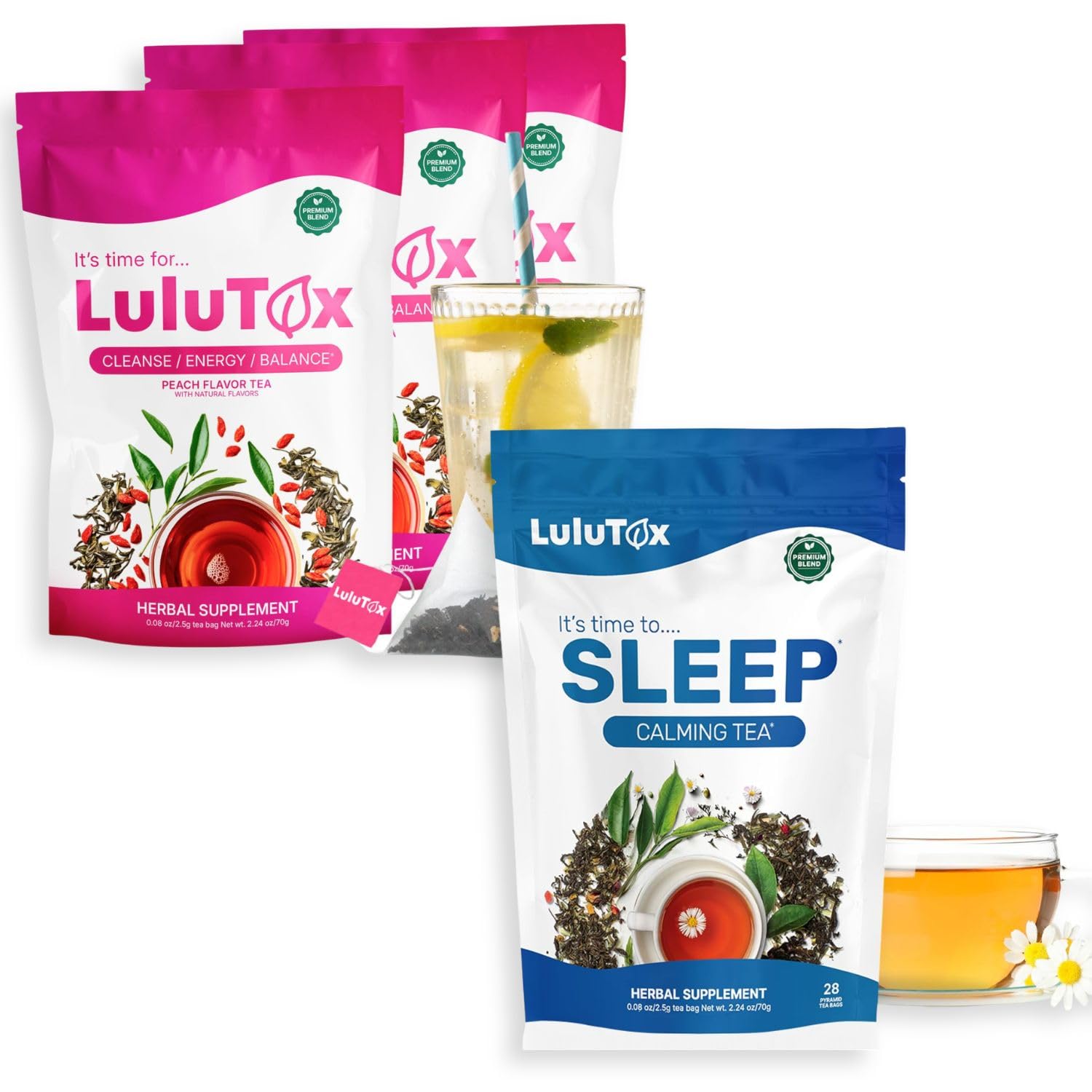 Lulutox Kräutertee Bundle – Kamille Lavendel Abendtee (28 Pyramiden-Teebeutel) & Pfirsich Kräutertee (84 Portionen) – Koffeinfreie Kräutertee Vielfalt