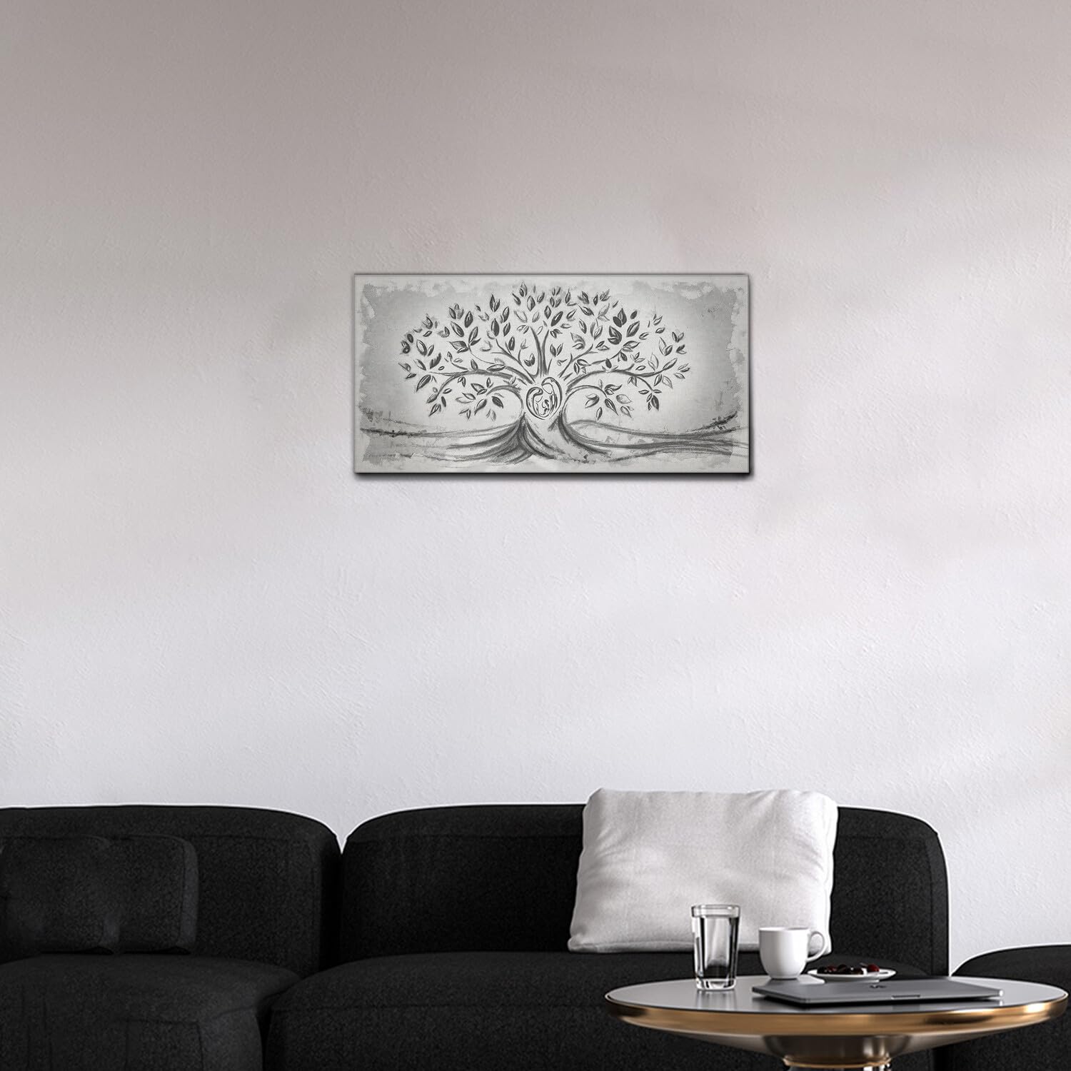Giallobus - Quadro - 03 - Capezzale Moderno - Sacra Famiglia e Albero della Vita - Black&Gray - Tela Canvas Telaio Standard - 70x35 - Pronto da Appendere - Quadri Moderni per la casa