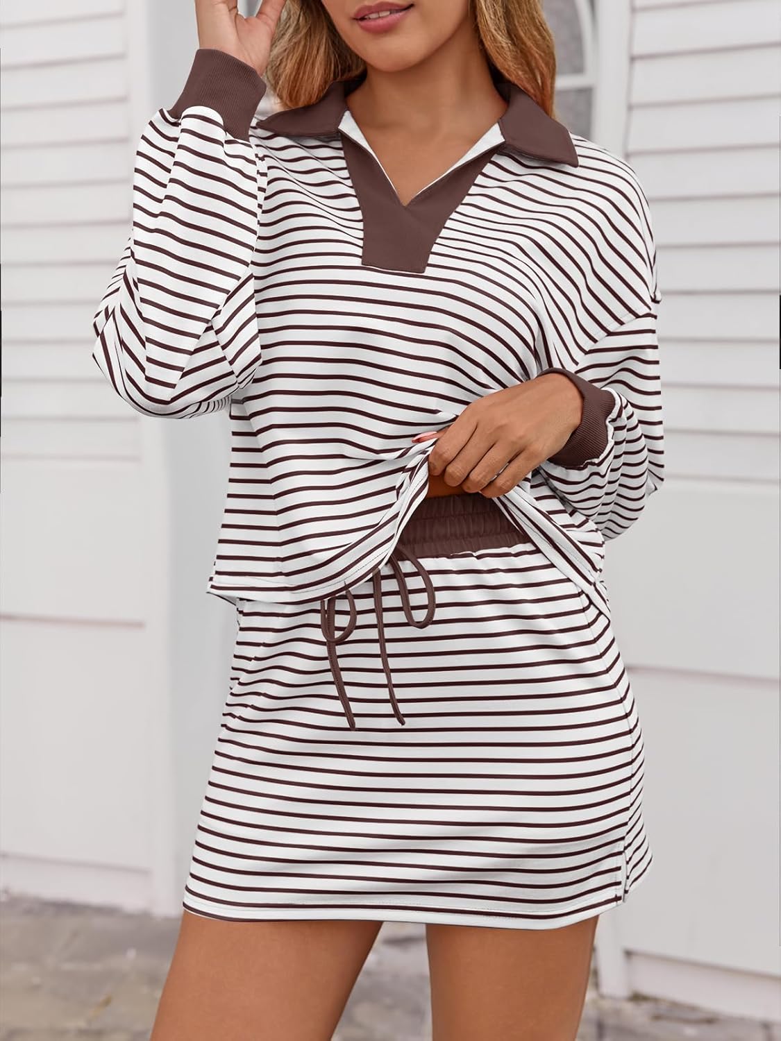 Fisoew Womens Striped 2 Piece Outfits Casual Sweatshirt Skirt Set Long Sleeve Skort Workout Set Matching Lounge Sets - Image 3