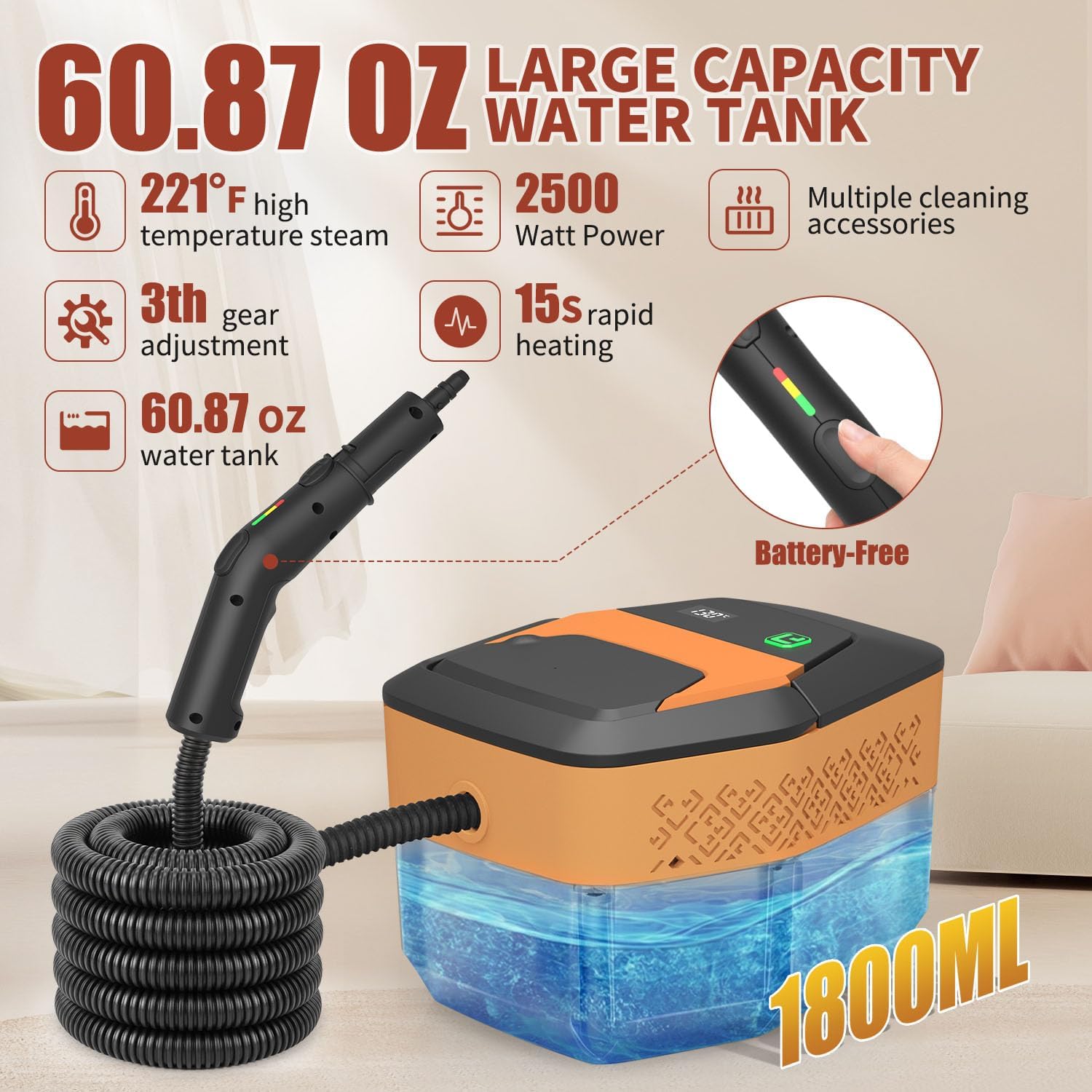 Steam Cleaner,3-Level Adjustable Handle,15s Heat-Up,60.87oz Tank,2500W Portable Steamer for Cleaning with 10PCS Accessories,Steam Cleaner for Home,Car,Kitchen,Floor, Carpet, Tiles, Grout, Grease, Dirt