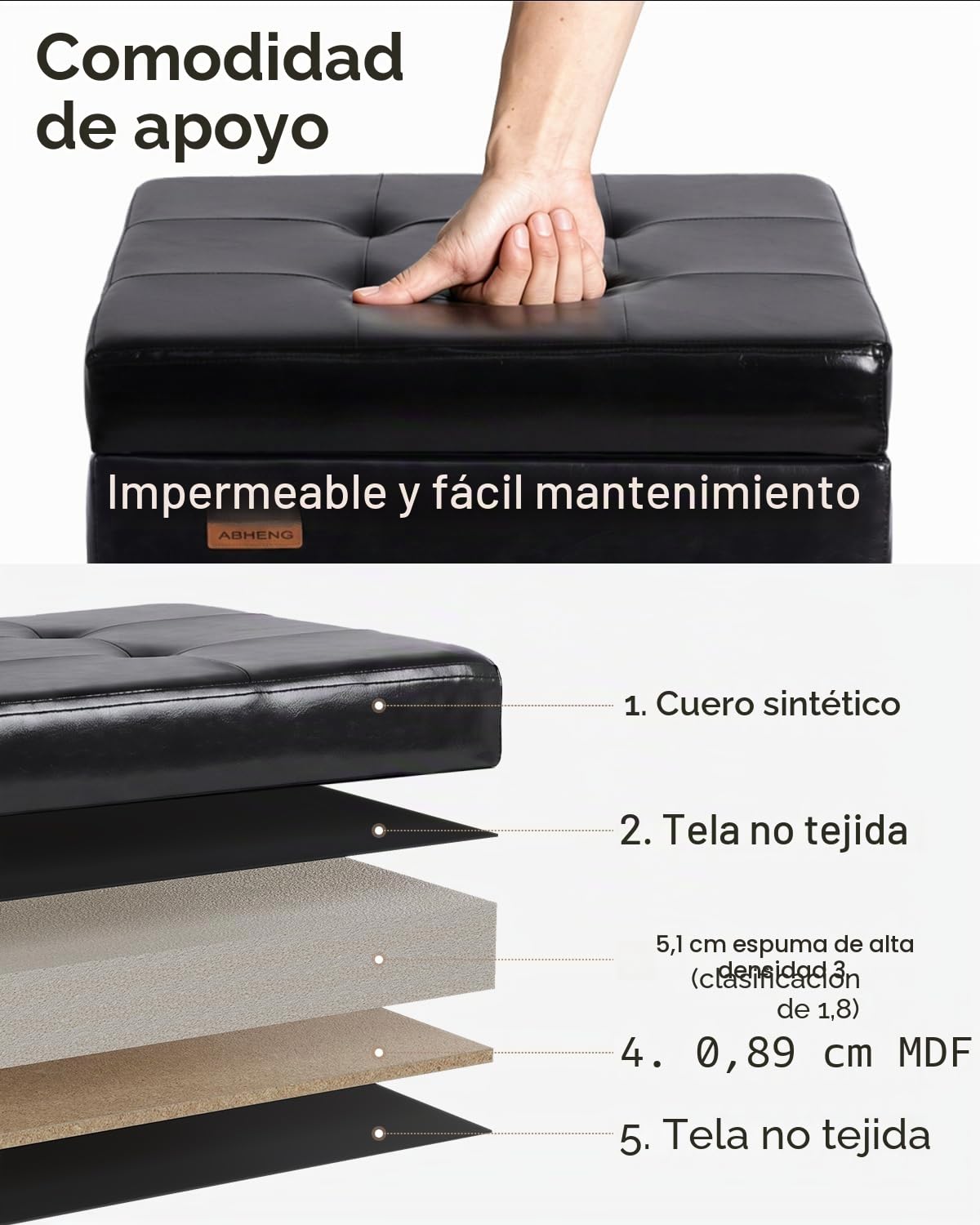 ABHENG Puff Cuadrado Taburete almacenaje Estructura de Acero con Revestimiento de Cuero sintético,Soporta 350 kg,48 litros de Capacidad,Reposapiés con Tapa y Extraíble Patas Negro ASND63B