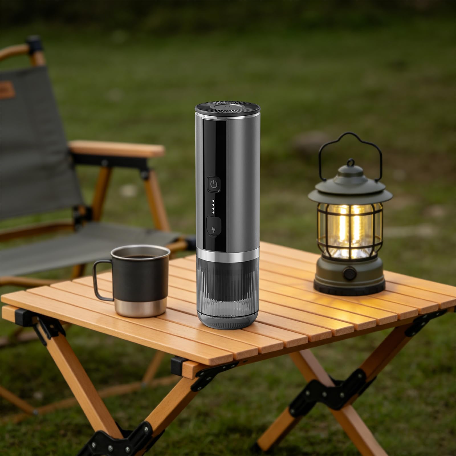 Macchina per espresso portatile, piccola, a batteria, USB-C, macchina per espresso | 20 bar, riscaldamento 4 min, 5 tazze, capsule e polvere, per ufficio, campeggio, grigio