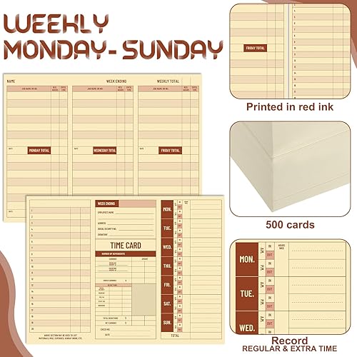 Miniatura 4 de Skyygemm 500 tarjetas de tiempo semanales de asistencia de empleados, tamaño de bolsillo, hojas de tiempo diario, impresión de doble cara, grabación