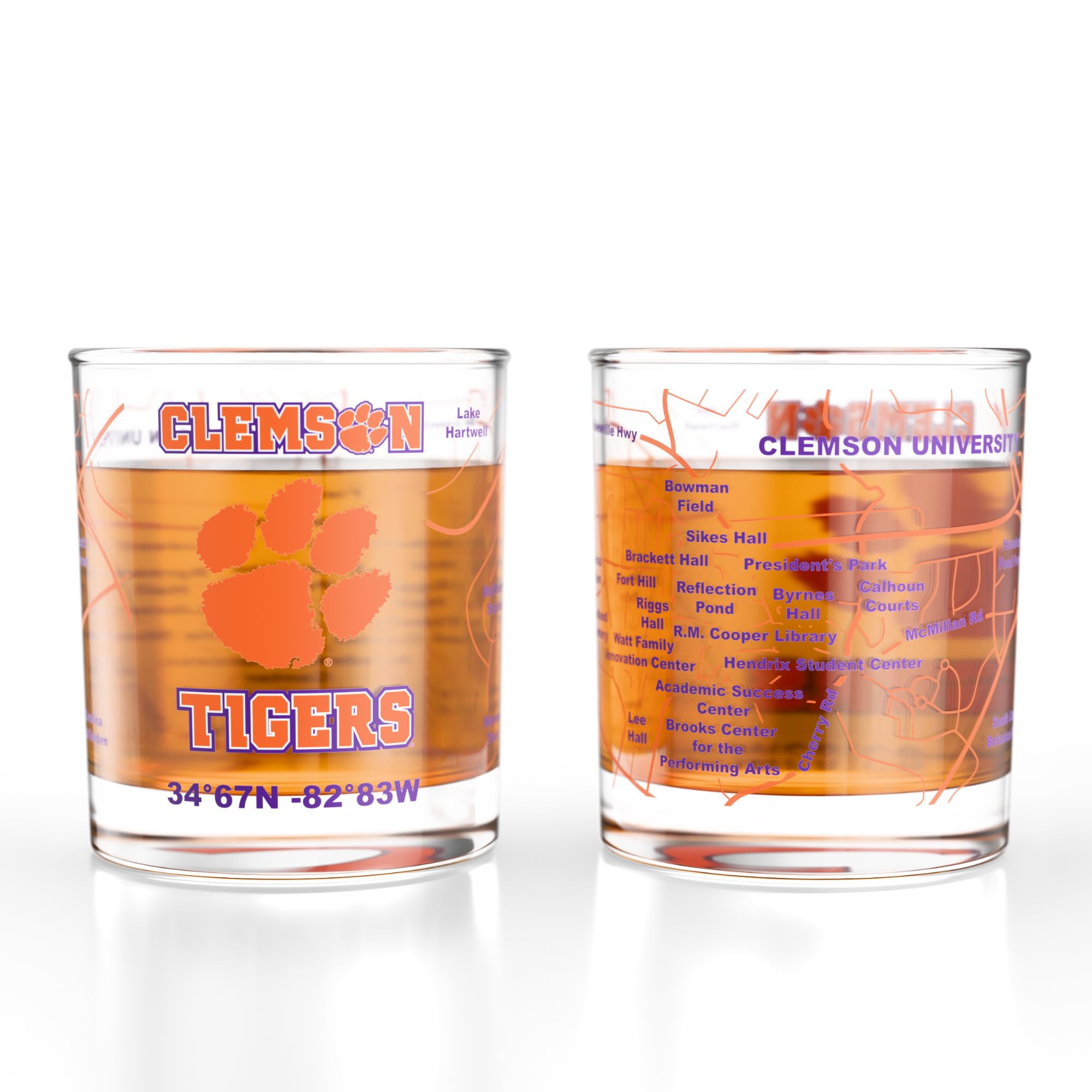 Greenline Goods University of Clemson Tigers Whiskey Glasses Set of 2, 10 oz Rocks Glasses with Full-Color Logo &amp; Campus Map – Officially Licensed Bourbon Glass Gift for Alumni &amp; Fans