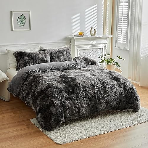 Miniatura 5 de Wajade Juego de edredón de felpa de pelo sintético teñido anudado gris oscuro y blanco, juego de ropa de cama mullido y mullido - Juego de edredón