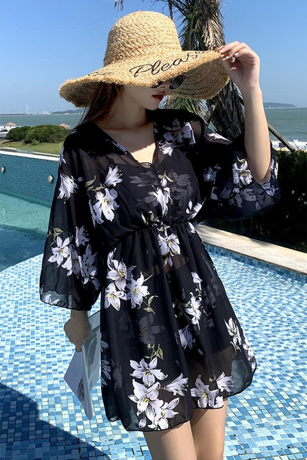 花柄シースルー トップス付き水着