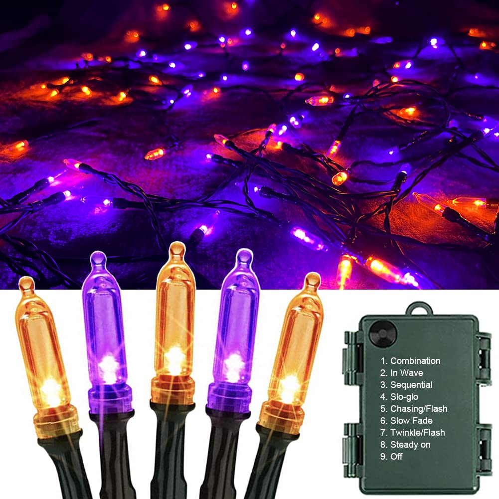 Orange and Purple Halloween Lights Outdoor, 8 Modes 40ft 120 LED Purple Orange Halloween Decorations Fairy Lights Battery Operated Waterproof, for Indoor Garden Christmas Party Decor