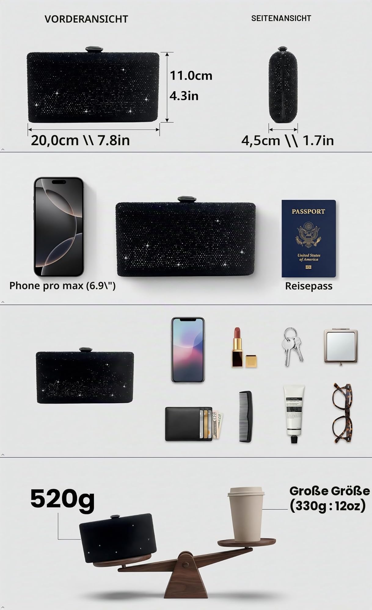 Boutique De FGG Kristall Clutch Tasche Damen für Hochzeit Abendtasche Strasssteine Party Kristallene Handtasche Braut-Geldbörse, Mini