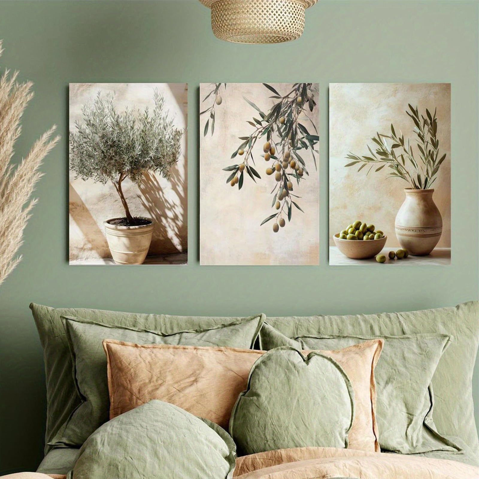 Set di 3 poster a tema ulivo con piante mediterranee, decorazione da parete bohémien, decorazione moderna per soggiorno e camera da letto, immagini senza cornice