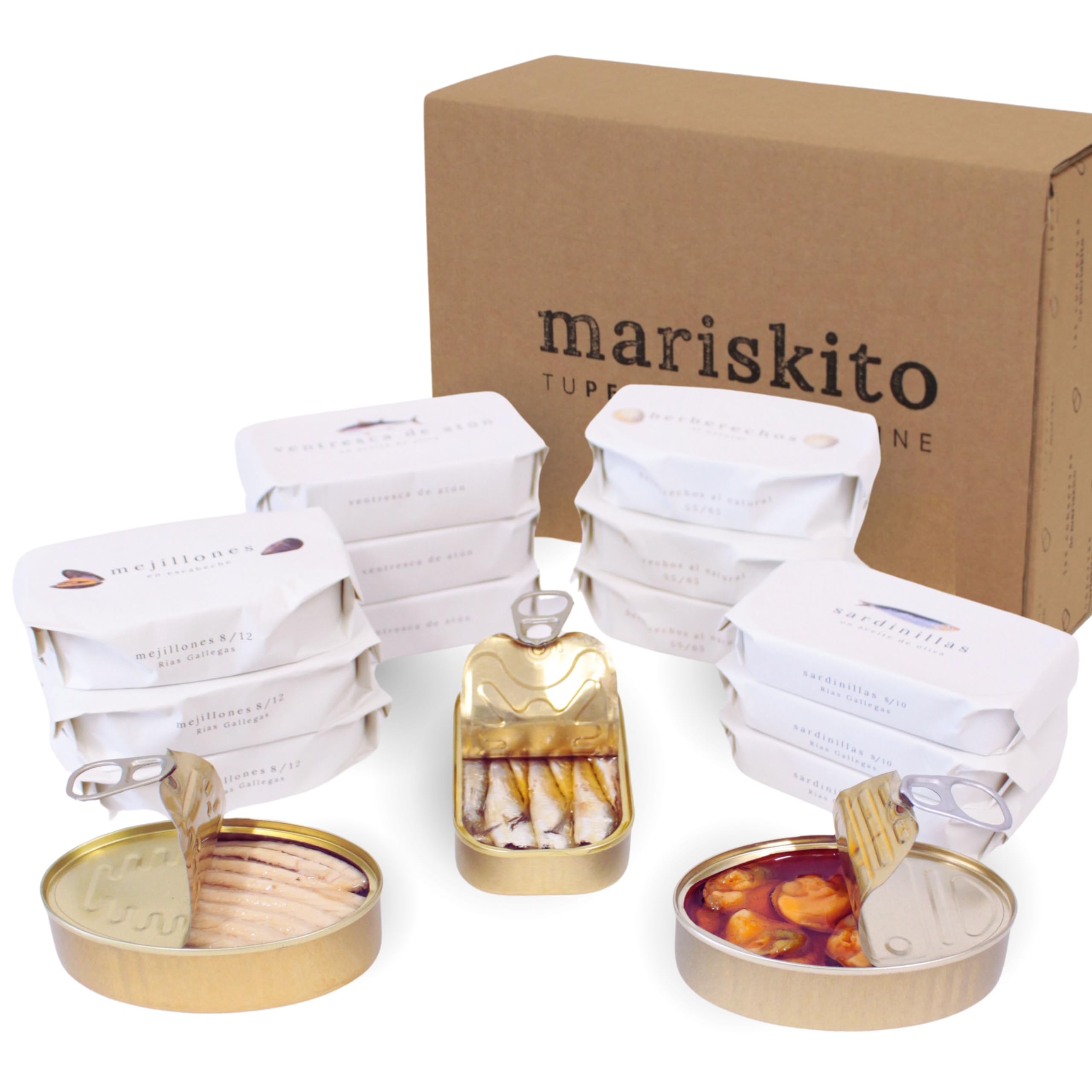 MARISKITO | Pack La Mer Gourmet - 12 Boîtes de conserves Gourmet - Boîtes de Conserve Galiciennes - Panier Cadeau - Coffret de Produits Délicatesse