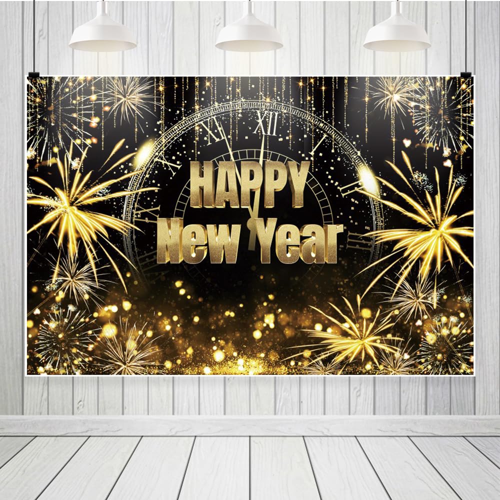 Leowefowa Telón de fondo de vinilo de 2,7 x 1,8 m, diseño de feliz año nuevo, fuegos artificiales brillantes y dorados, fondo de fiesta de Año Nuevo, pancarta de fotografía, accesorios para cabina de