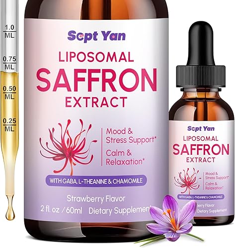 Suplementos de azafrán – 88.5 mg, gotas líquidas de extracto liposomal de azafrán con magnesio, extracto de manzanilla, L-teanina, GABA y vitamina