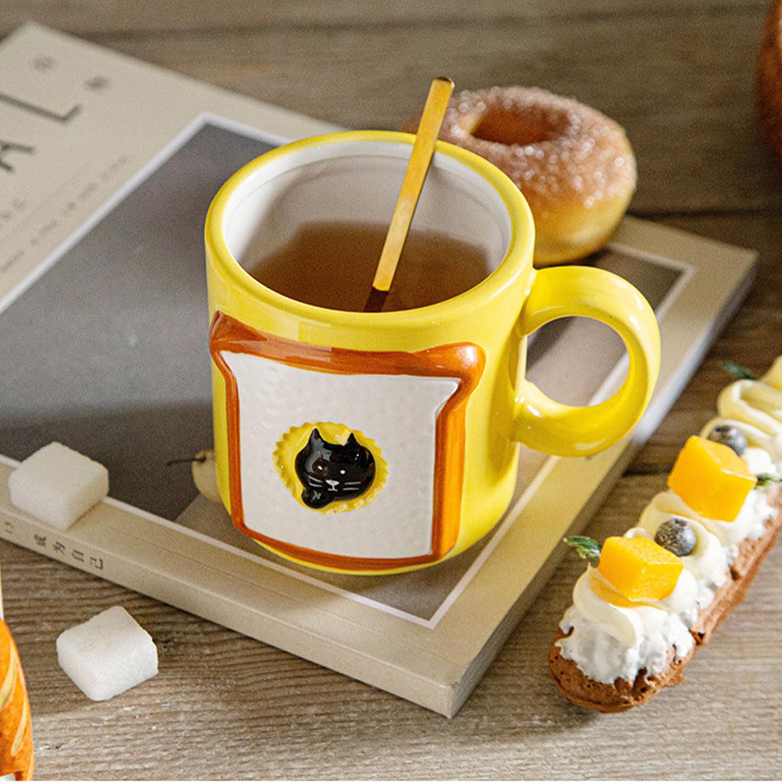 Soulnioi Ceramic Coffee Mug, Cute Toast Cat Cappuccino Cup, 200ML Breakfast Oatmeal Cup Creative Tea Milk Cup for Gift - Yellow - Image 4