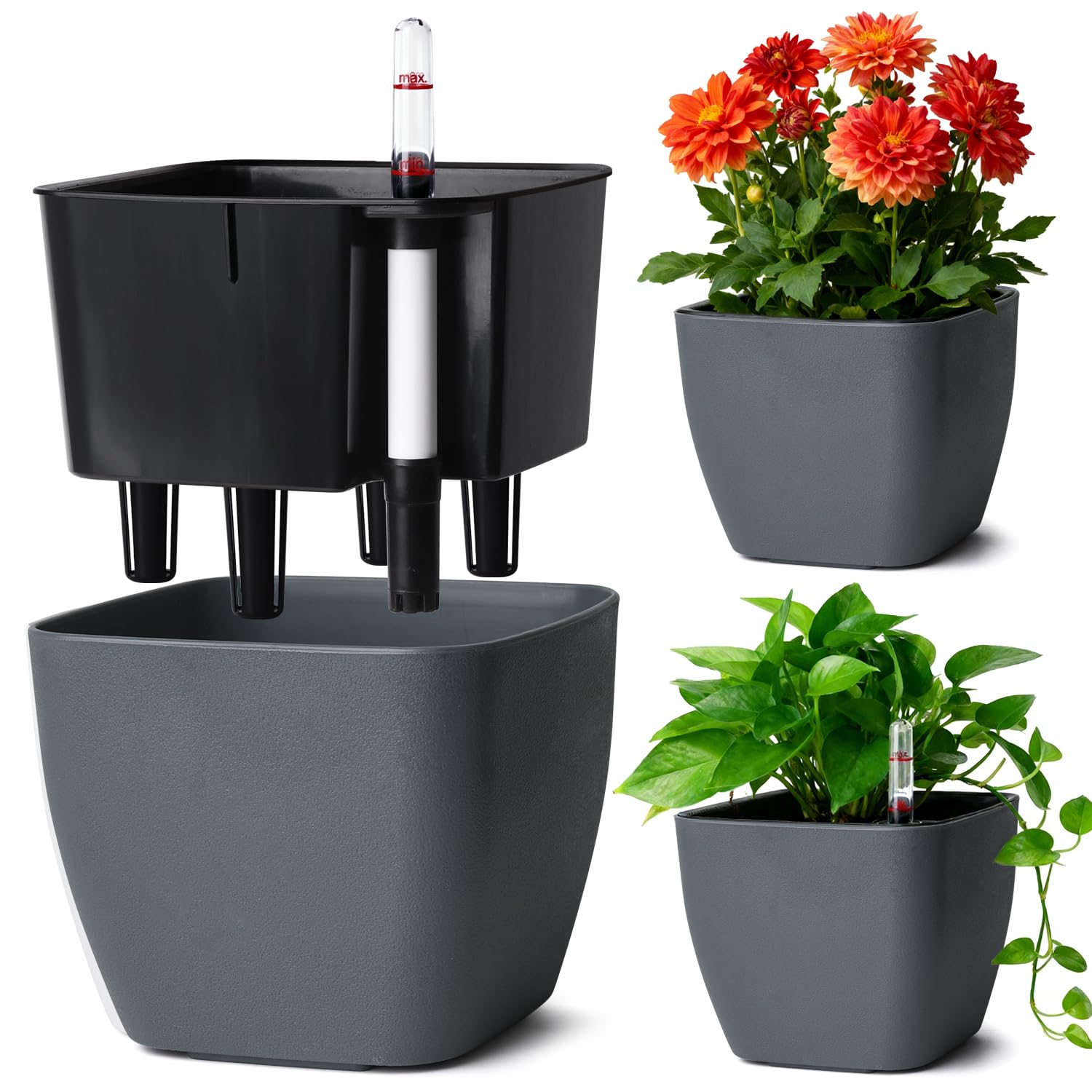 T4U 3Pcs 17,5cm Eckig Selbstbewässerungstopf mit Wasserstandsanzeige, Praktischer Blumentopf für vielbeschäftigte Anfänger und Gärtner,geeignet für Geranien/Minze für den Innen und Außenbereich (Grau)