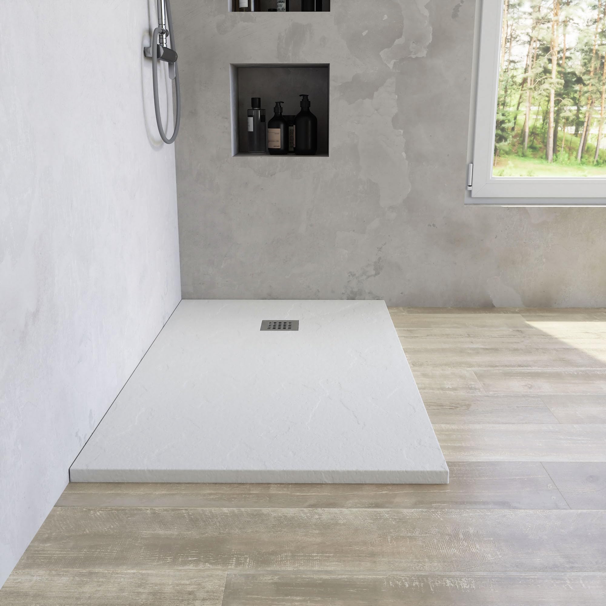 Piatto Doccia in Marmoresina Bianco Antiscivolo Effetto Pietra con Griglia Copripiletta h3cm (Bianco, 90x170)