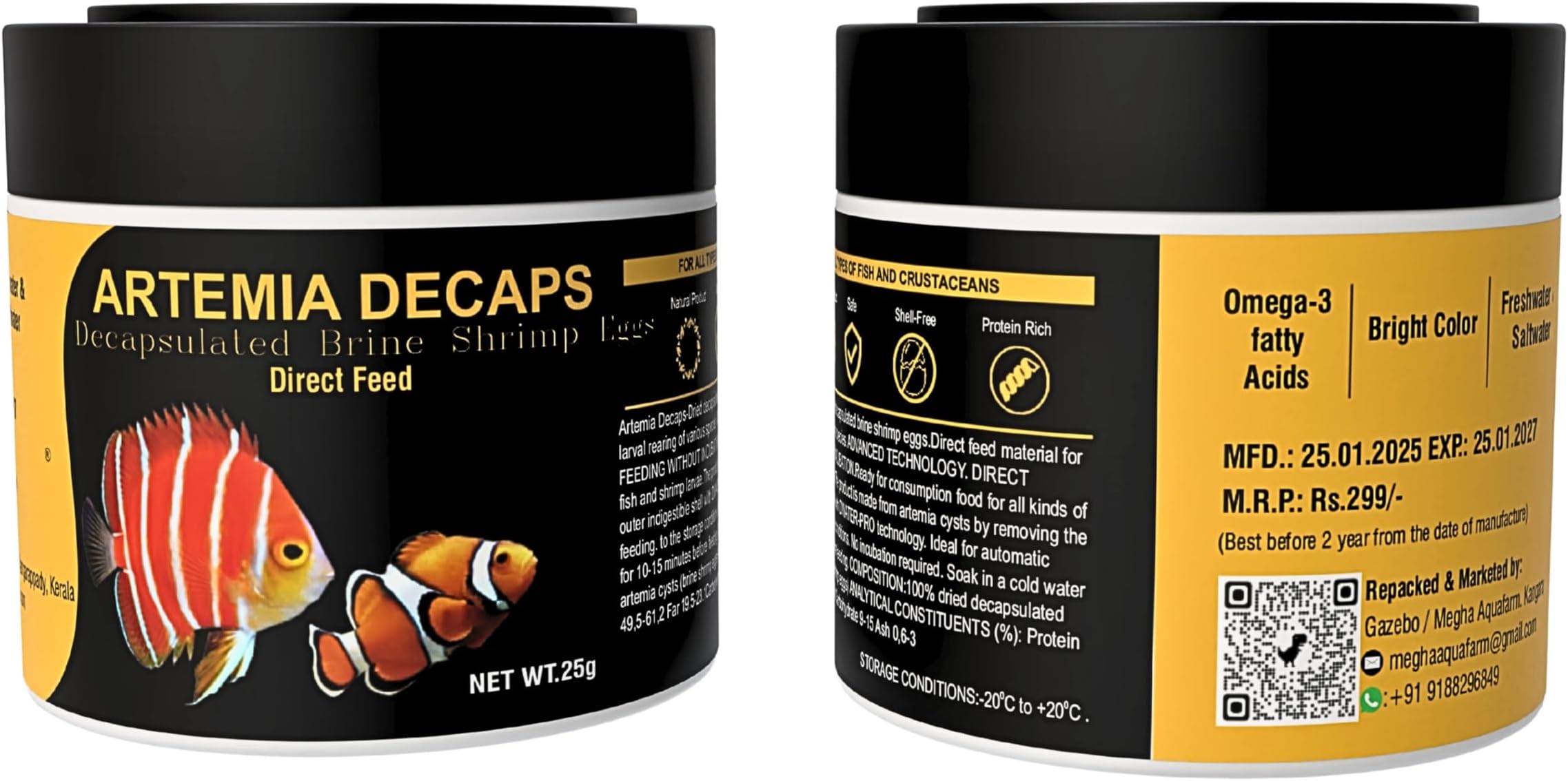 Decap Artemia Cyst 25 Gram, Brine Shrimp Eggs, Artemia Decapsulated Non Hatchable Direct Feed 100% Dry Eggs, High Protein Rich Direct Feed for new Born Baby Fishes