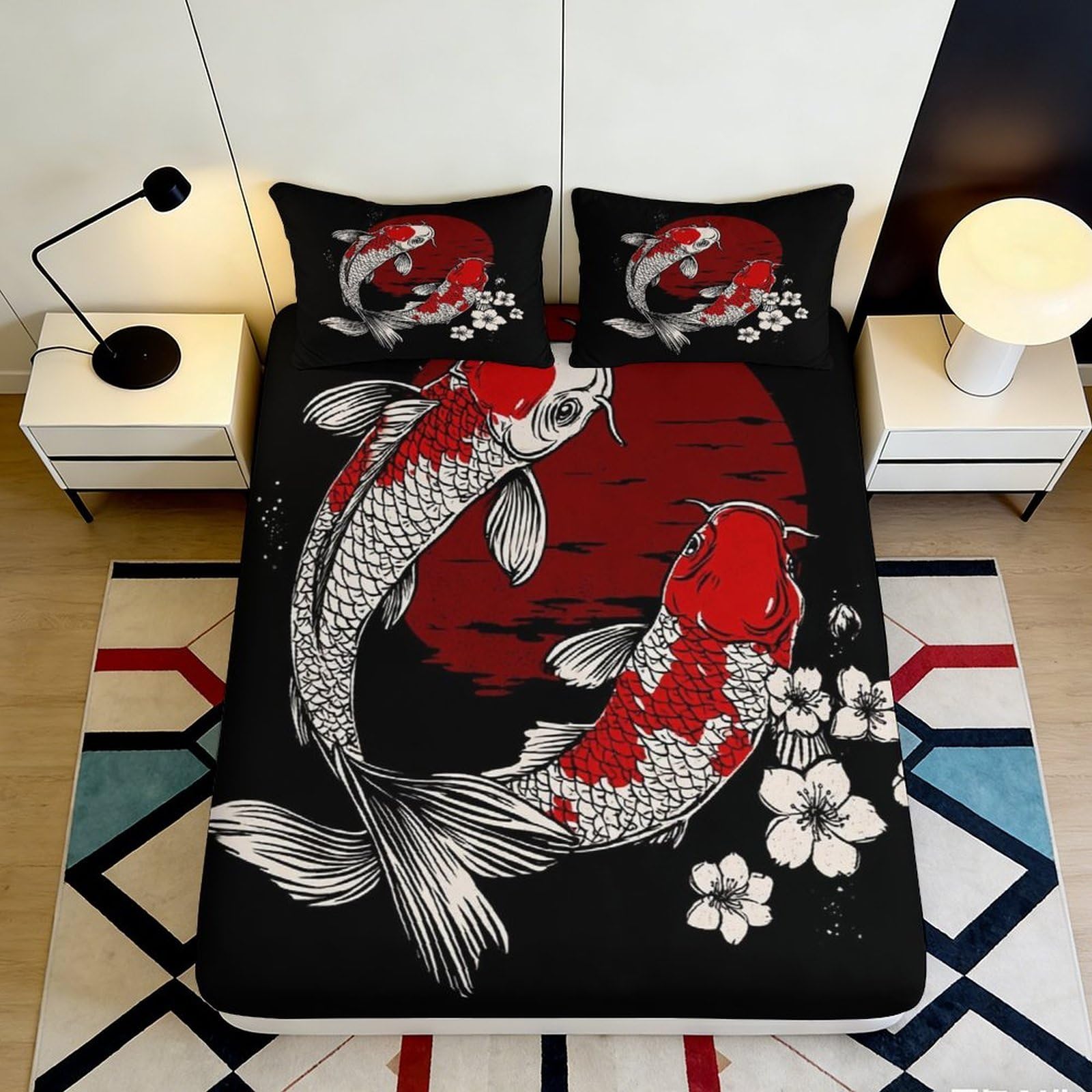 3D Printed Koi Fish Fitted Sheet Microfiber Soft Breathable Red Black Carp Bed Cover for Bedroom Dormitory Guest Room Mattress Protection Decor 140x200x25cm