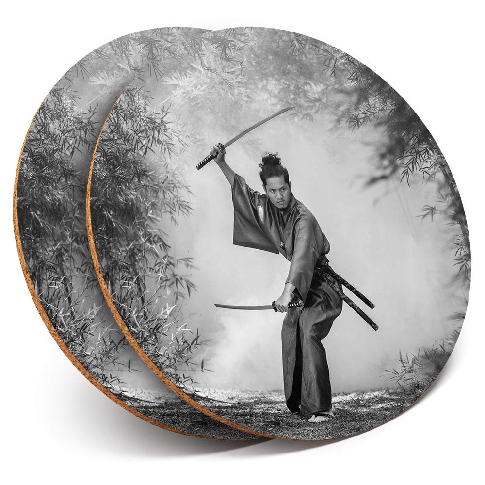 Destination Vinyl Ltd Multicolor 2 X Round Coasters - Japanese Samurai Warrior Japan - Cork Backed Home Kitchen Accessory Tea Coffee Mug Mat #43076