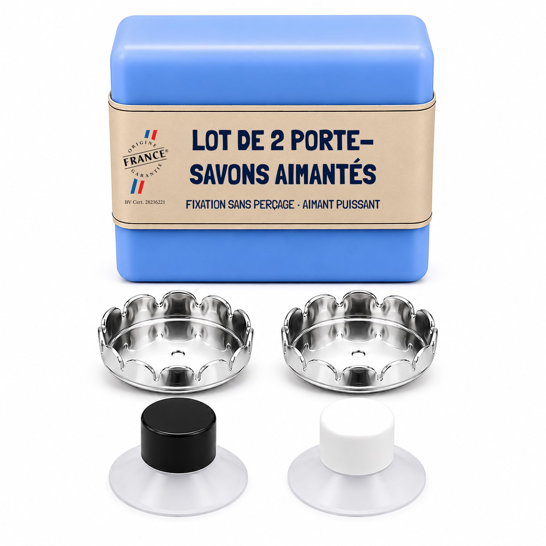 EHOP Lot de 2 Porte-Savons Magnétiques Muraux Fabriqués en France - Porte Savon Aimanté sans Perçage, Support Mural Ventouse, Organisateur Salle de Bain, Douche et Cuisine pour Savon Solide