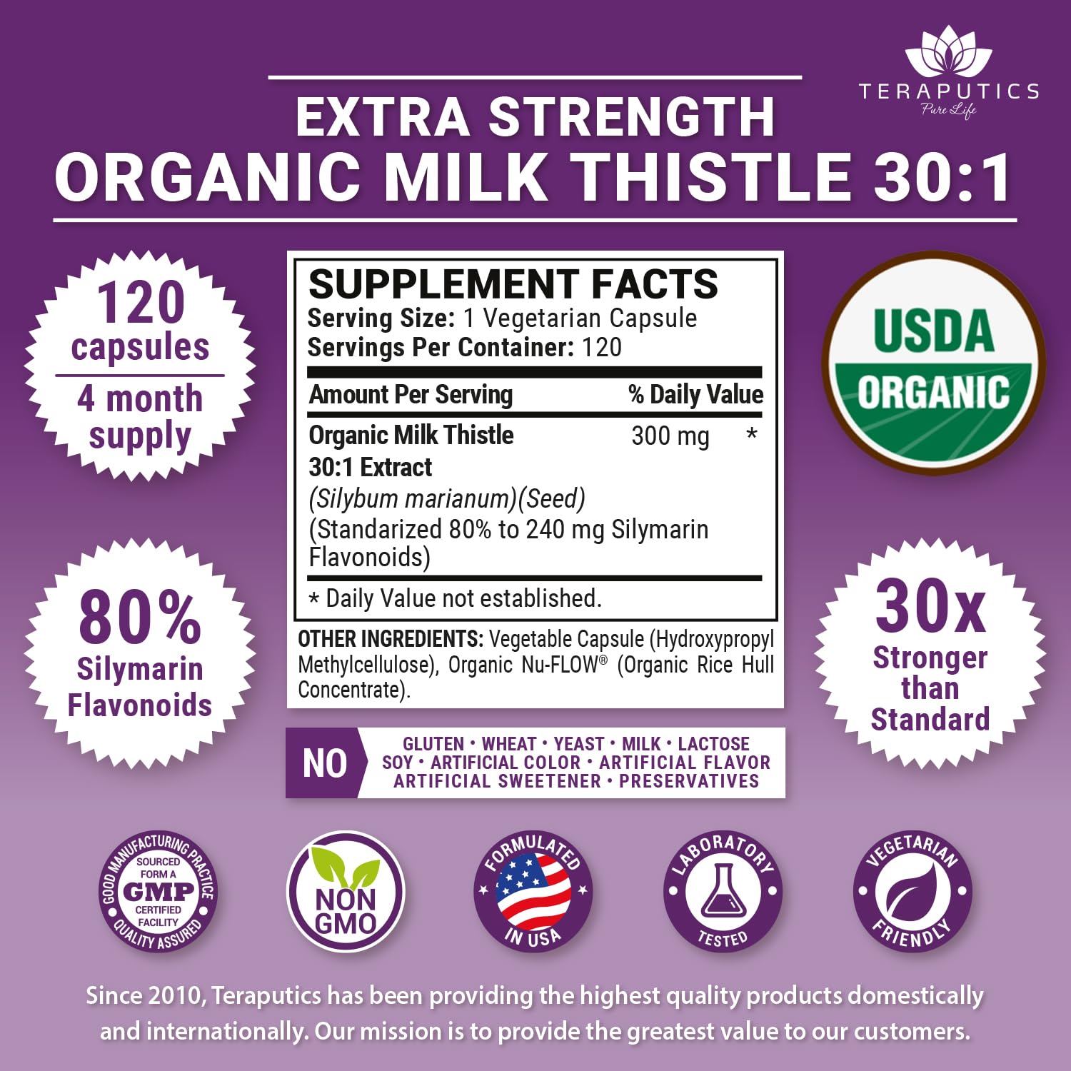 Organic Milk Thistle | Non GMO 300mg 30:1 Extract Vegan Daily Supplement w/Silymarin Seed Extract for Liver Support, Detox and Cleanse - 120 Veggie Capsules — Amazon image 2