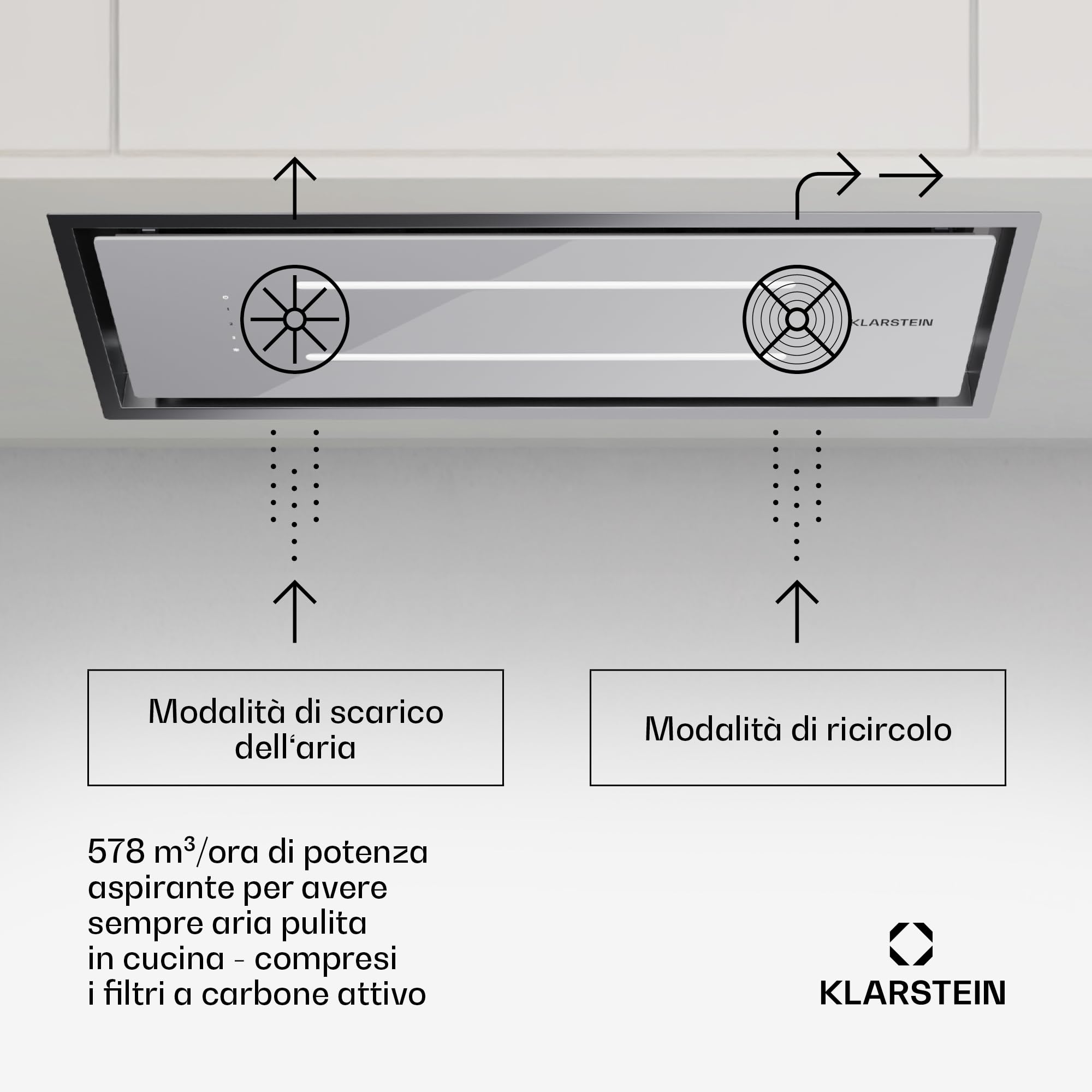 Klarstein - Cappa aspirante con filtro d’alluminio lavabile in lavastoviglie, silenziosa a scarico, 410 m³/ora di flusso d’aria, efficienti cappe a parete con LED & controlli touch