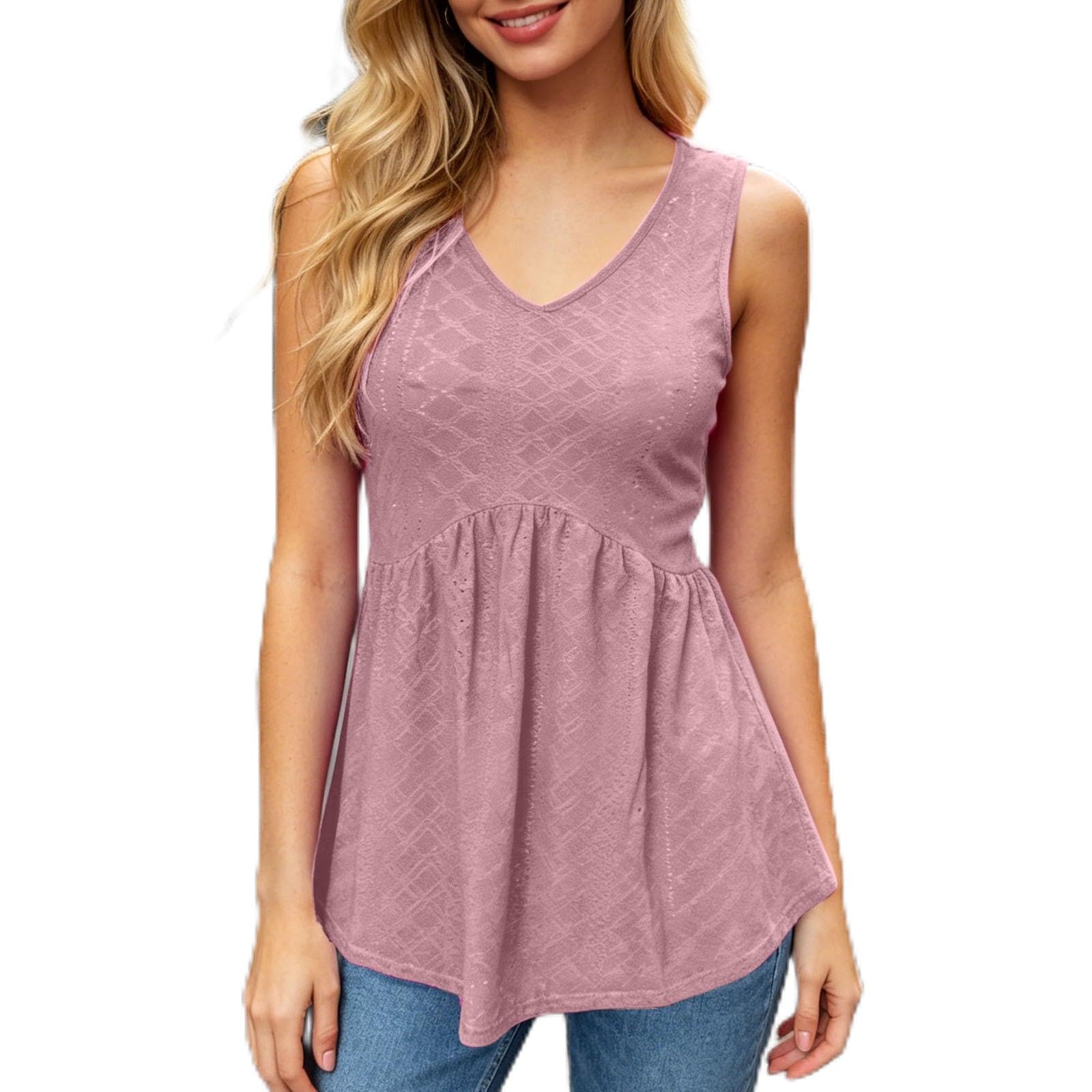 Camiseta de tirantes para mujer, holgada, cuello en V, sin mangas, estilo bohemio, sin mangas, para verano, con bordado de peplum, blusa de lino, blusa holgada, con botones