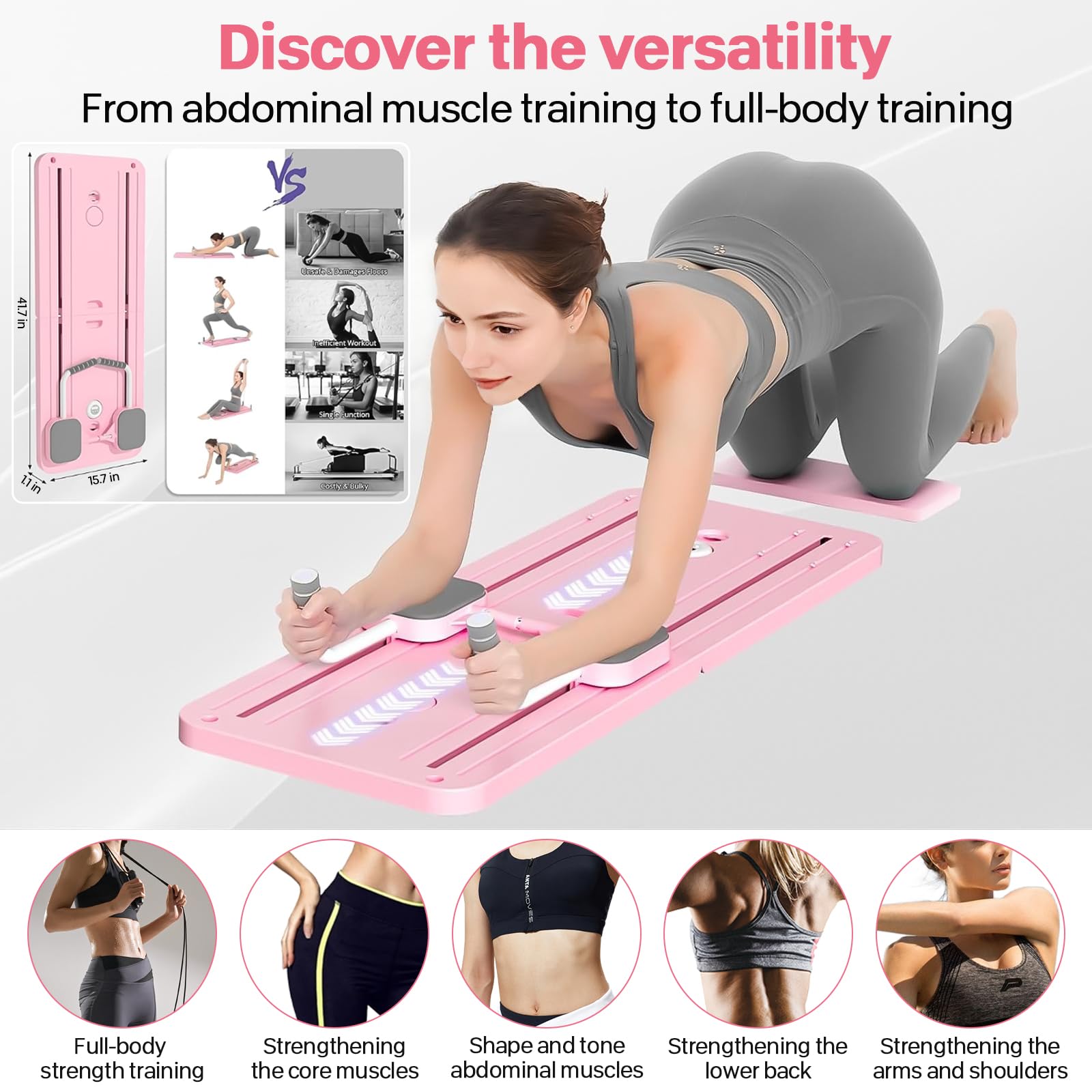 VHV Pilates Reformer Compact, 5 en 1 Pilates Pliable,La Roue Abdominale Push-up rebondit automatiquement Minuterie,Planche Abdominale Pilates Multifonction pour la Maison et la Salle de Sport
