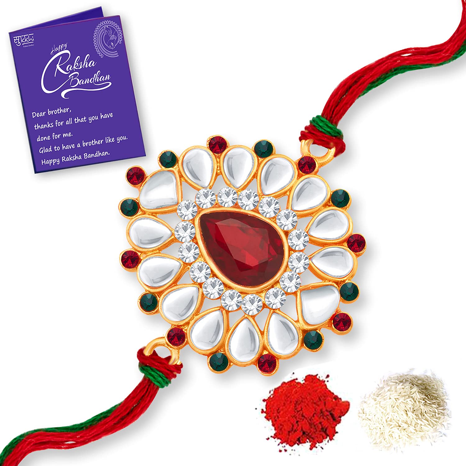 Sukkhi Rakhi Seaside Kundan Designer Gold Plated Premium Rakhi for Brother With Roli Chawal & Greeting Card | Rakhi for Bhaiya | Rakhi for MEN | Kundan Rakhi | (RAK100033) (B09414LRJ5) Amazon Price History, Amazon Price Tracker