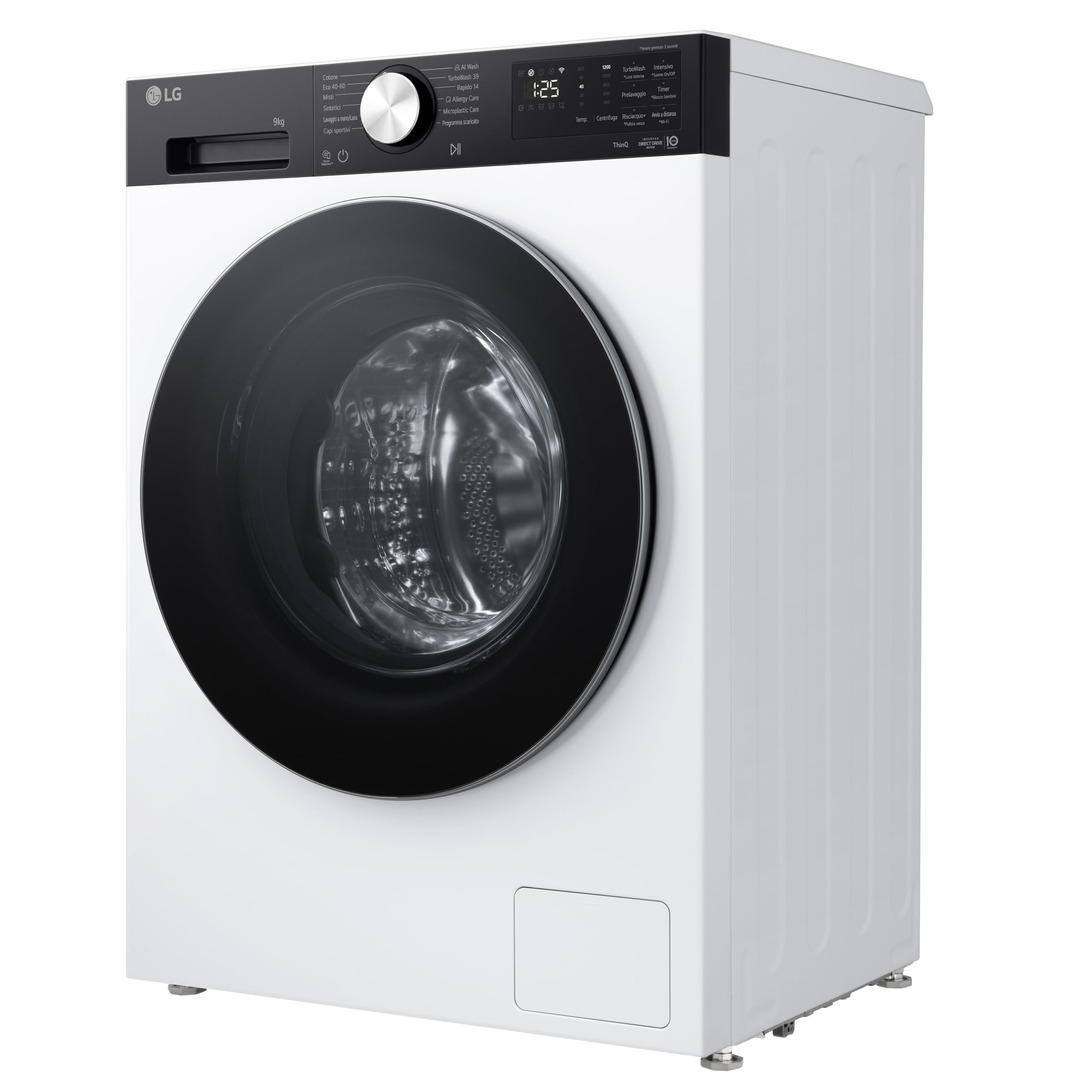 LG F2NX50S9TKC Lavatrice Slim 9 kg Next AI DD, Classe A -30%, 1200 Giri, Programma AI Wash con Intelligenza Artificiale, Wi-Fi, Allergy Care, TurboWash 360, Serie X5, White Black Pannel e Silver Knob
