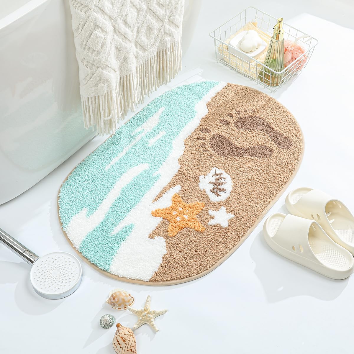 Seaside Beach Bathroom Rug Ultra Absorbent and Non Slip Bath Mat Machine Washable 31 x 20 Inches, Fluffy Carpet for Bath Tub, Bedroom and Living Room, Coast