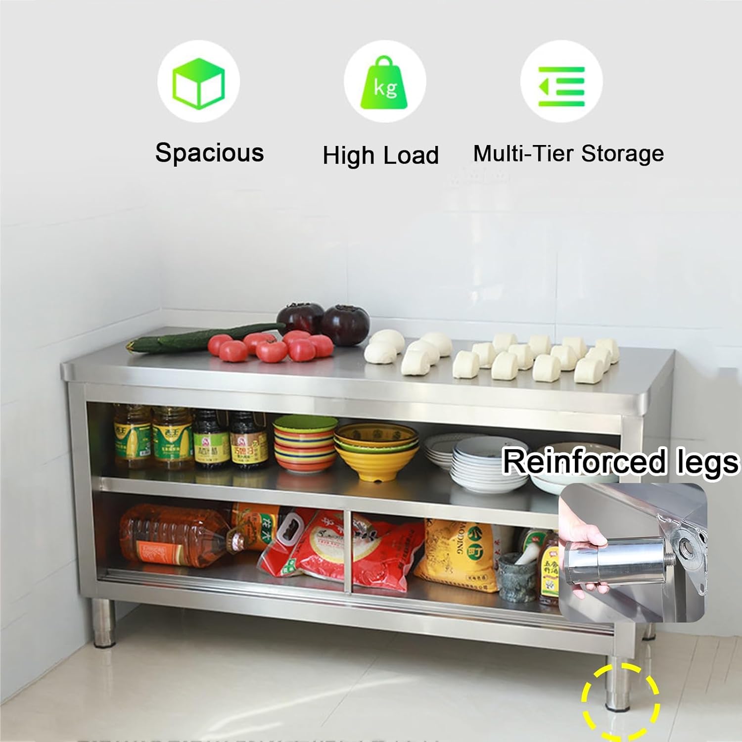 Stainless Steel Work Bench with Rounded Corners and Adjustable Feet Restaurant Works Table with Sliding Doors Multi-Tier Storage Shelves Worktop with Support Beams