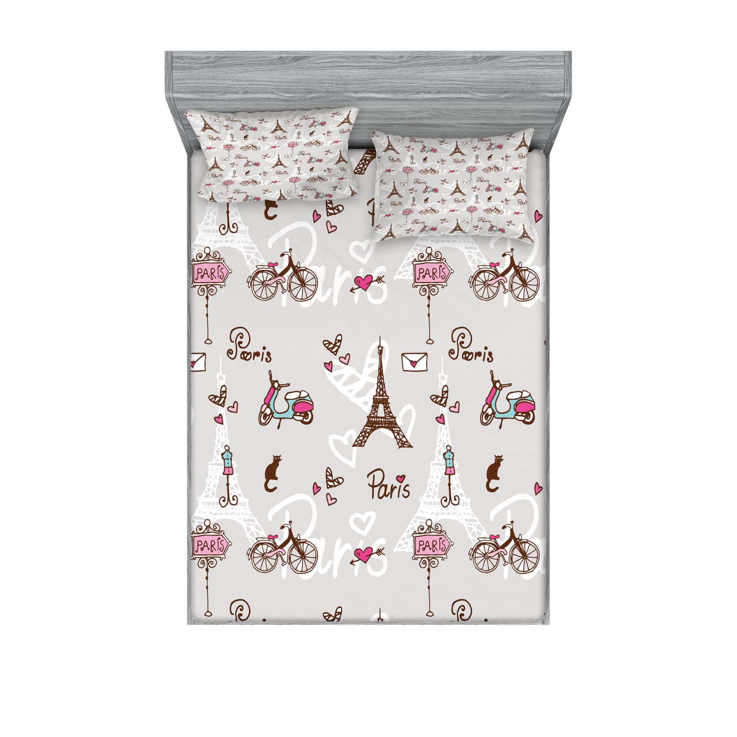 Ambesonne Paris Fitted Sheet & Pillow Sham Set, Pattern with Bikes Mannequin Eiffel Tower Hearts Doodle Style Design, Decorative Printed 6 Piece Bedding Decor, Calking, Blue Brown