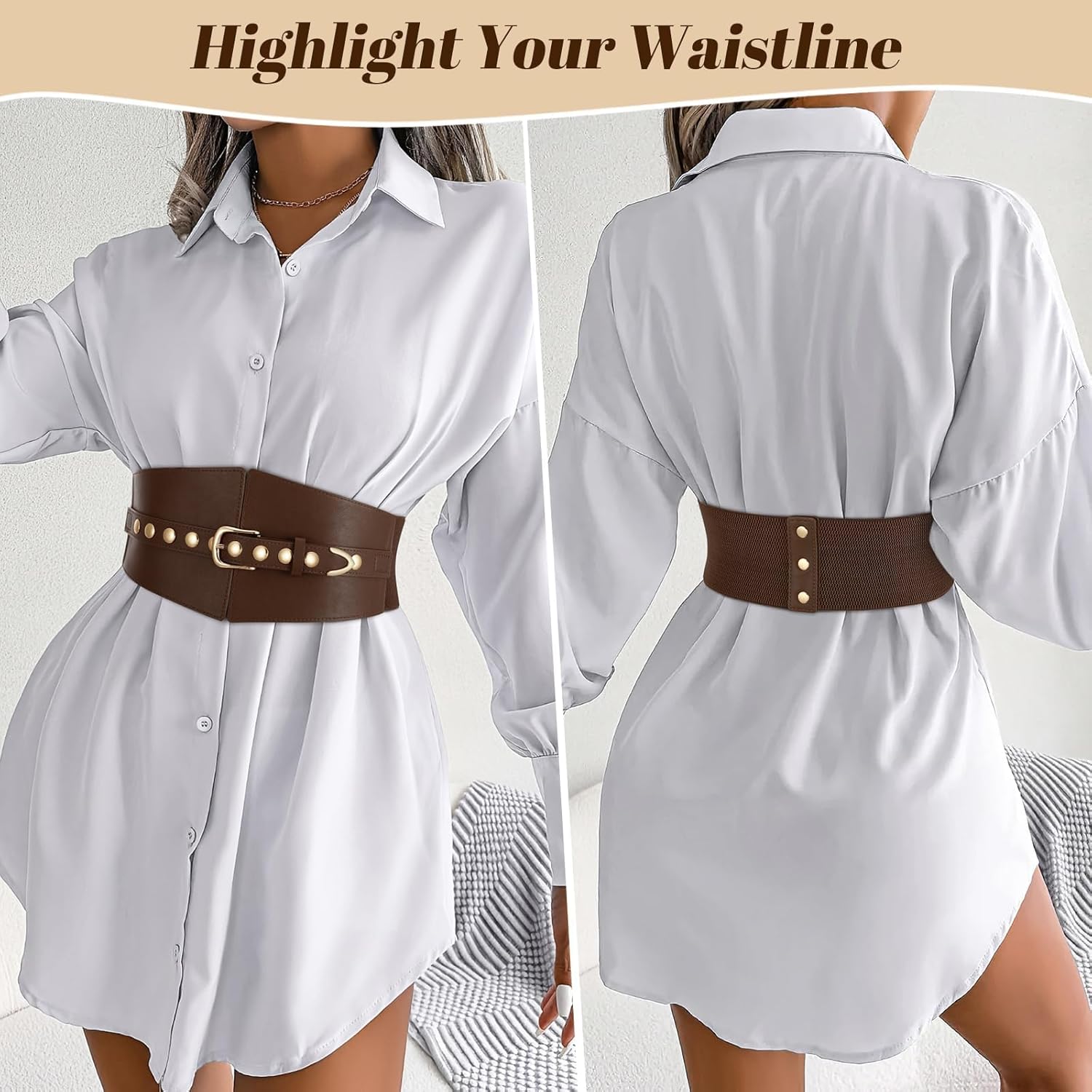 Wide Waist Belt Women Elastic Chunky Stretchy Elegance Belt with Gold Rivets Buckle for Daily Costume - Image 2