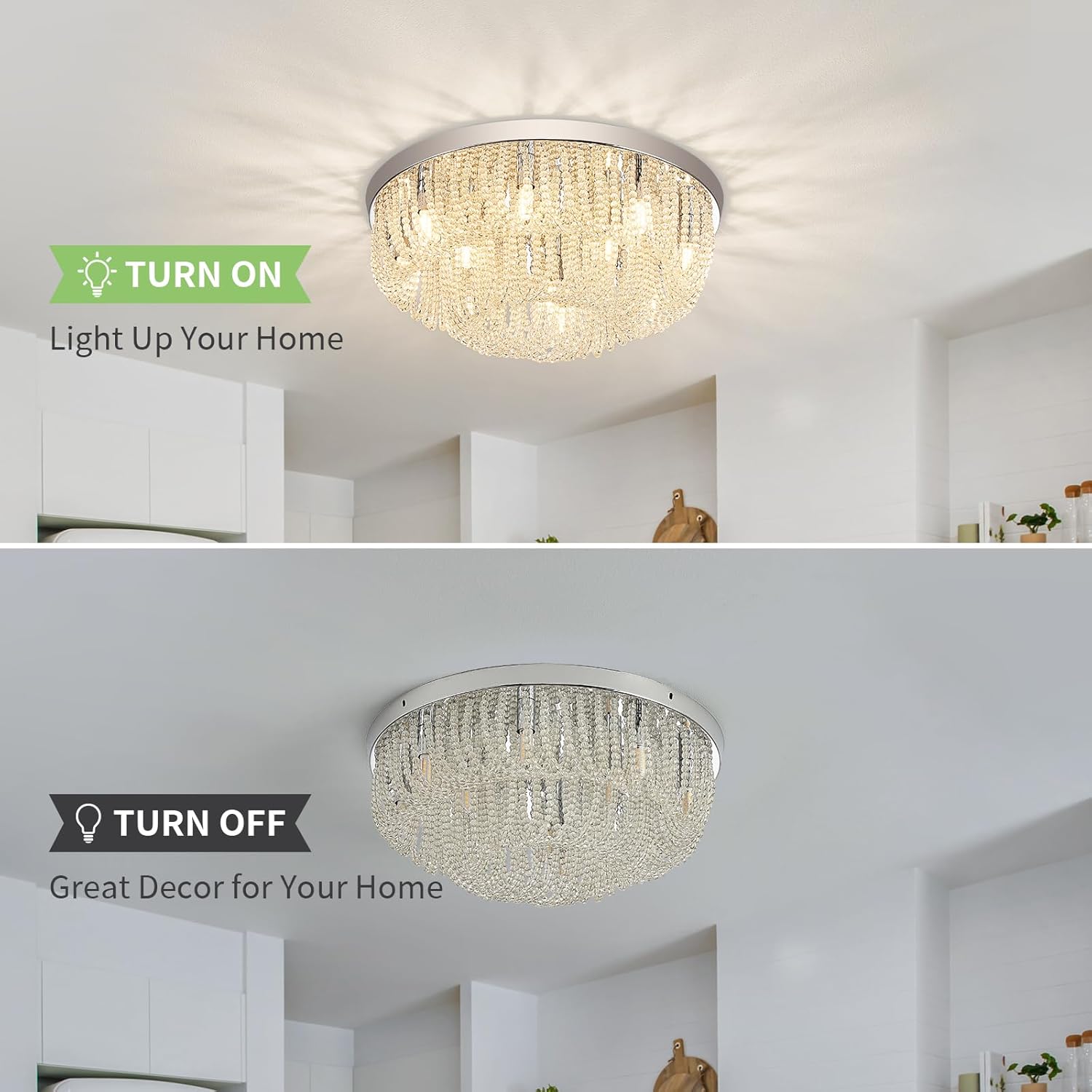 17" Crystal Chandelier, Semi Flush Mount Ceiling Light Fixture with Elegant Bead Chain Weaving, Chrome Ceiling Lamp Lighting for Living Room Dining Bedroom Bathroom Hallway Kitchen Closet