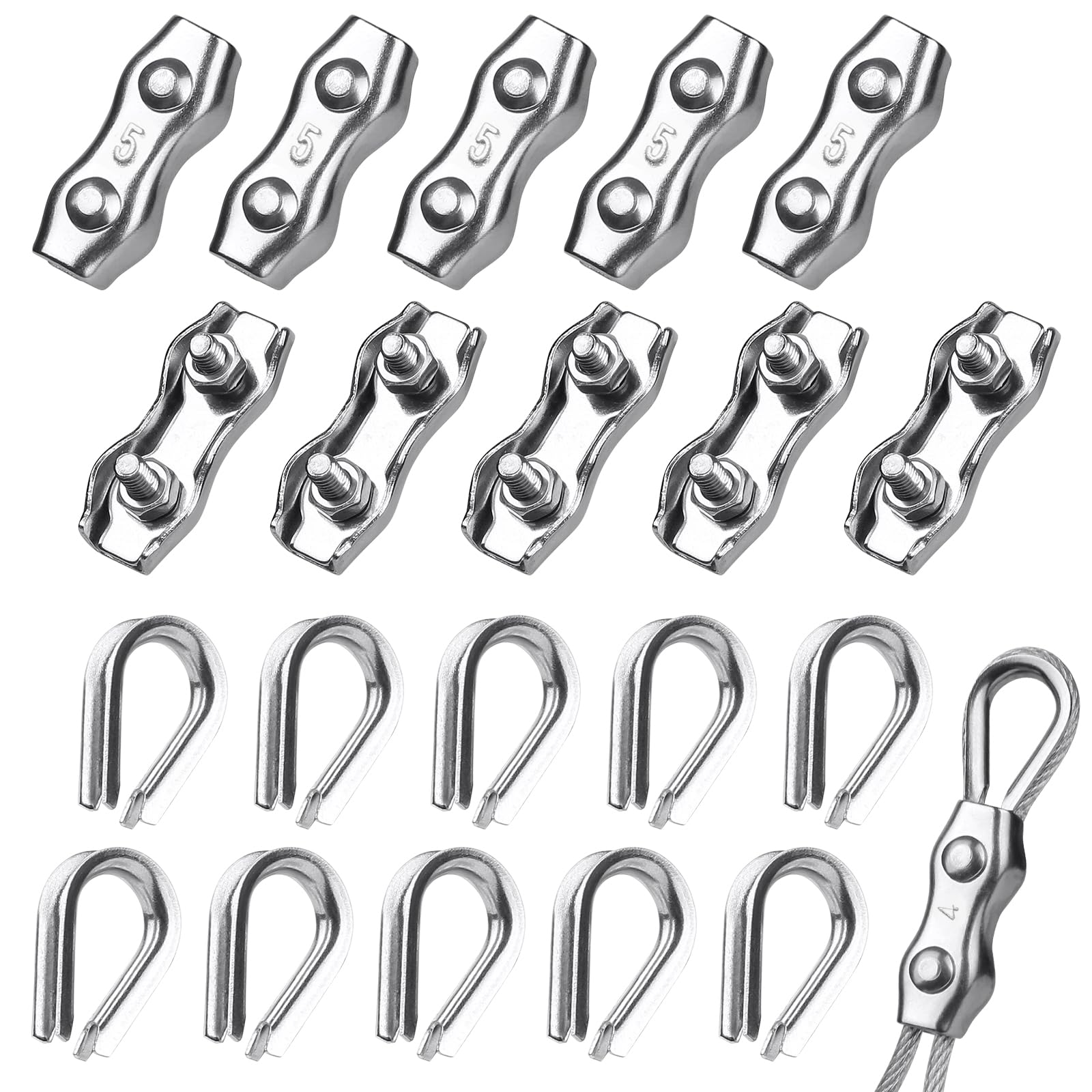 10 Pièces Serre Cable Acier 5mm + 10 Pièces Câbles Cosses