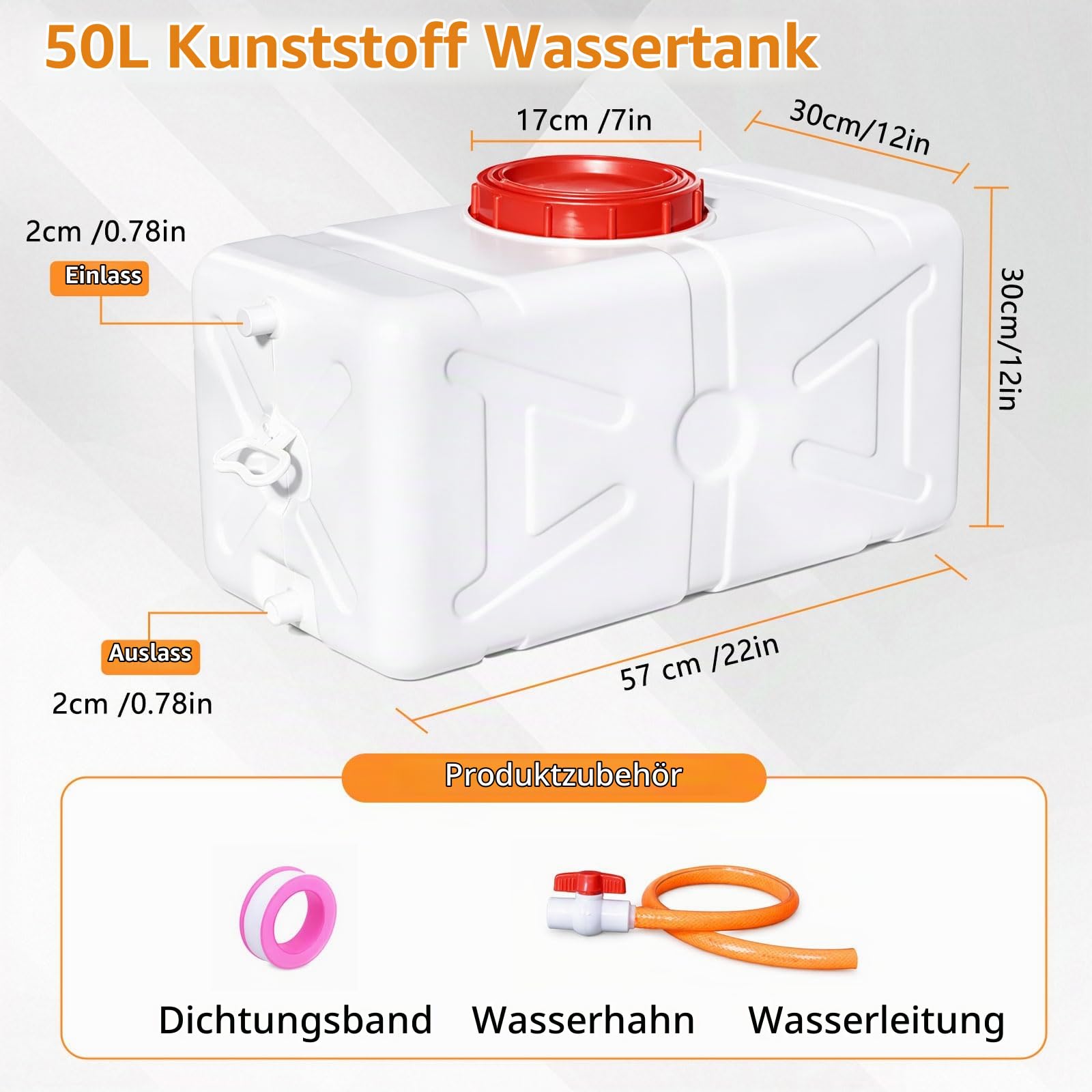 50L Wassertank Wasserbehälter, Wasserkanister mit Ablasshahn Schraubdeckel, HDPE Tragbarer Wasserbehälter, Kunststoff Wassertank für Camping, Wohnmobil, Wandern, Notfall & Haushalt (Weiß)