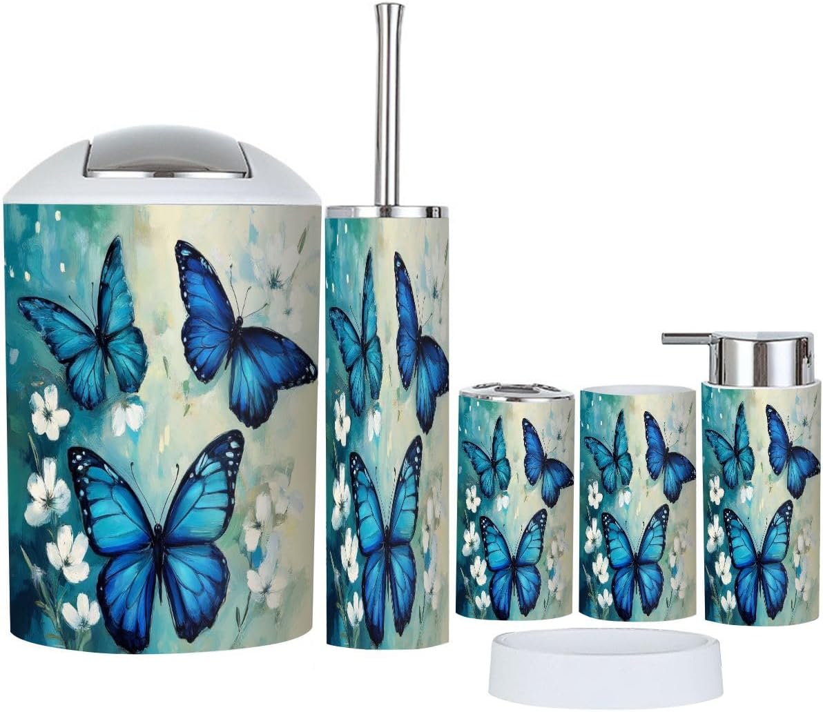 Bathroom Accessories Set 6 Pcs Green Blue Butterfly White Flowers Boho Butterflies Flowers Teal Toothbrush Holder Cup Soap Dispenser Soap Dish Toilet Brush Holder Trash Can for Countertop Decor