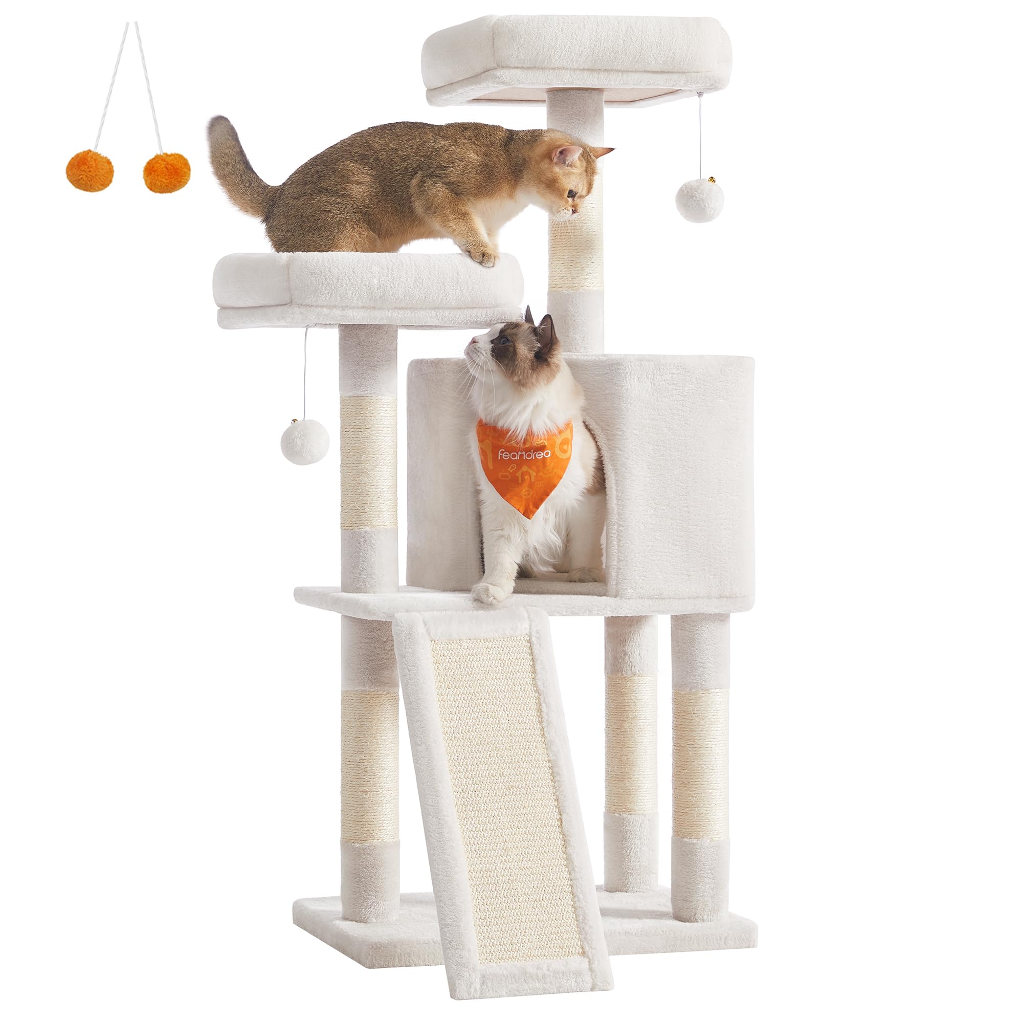 Cat Tree, Cat Condo 115 cm, Scratching Ramp, Cream White PCT141W02V1