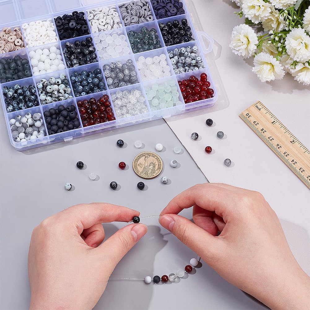 PH PandaHall 3012pcs Black White Beads Kit for Jewelry Making, 6mm Glass Beads Smooth Round Beads Clay Beads for Bracelet Necklace Beaded Pens Crafts Jewelry Making Halloween Decor